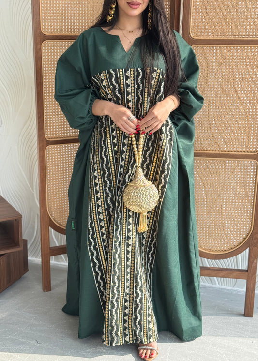 FAB266- Green free-size linen jalabiya with elegant gold embroidery