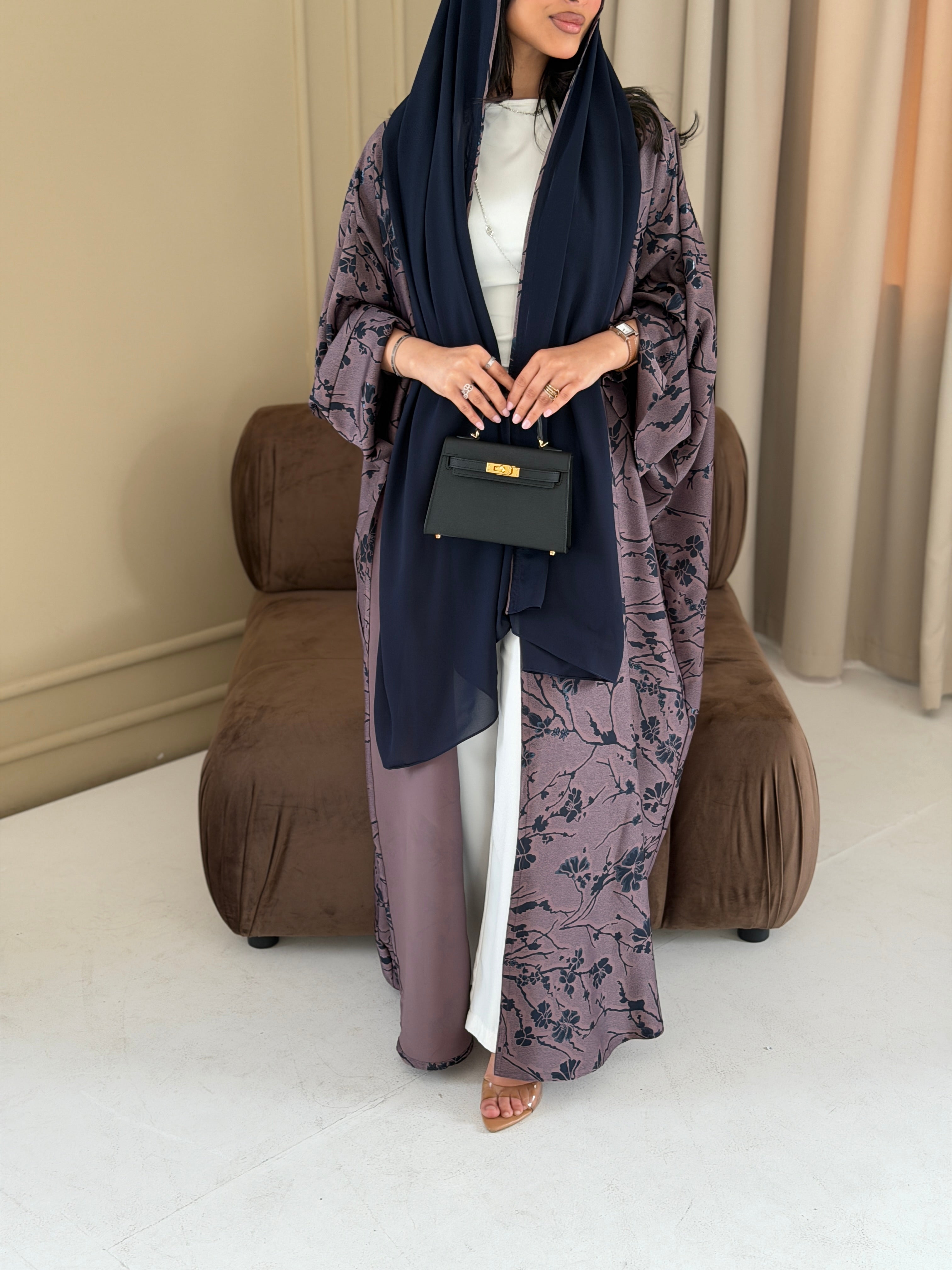 FAB284-Purple Floral Print Half Bisbt Abaya with pipping headscarf