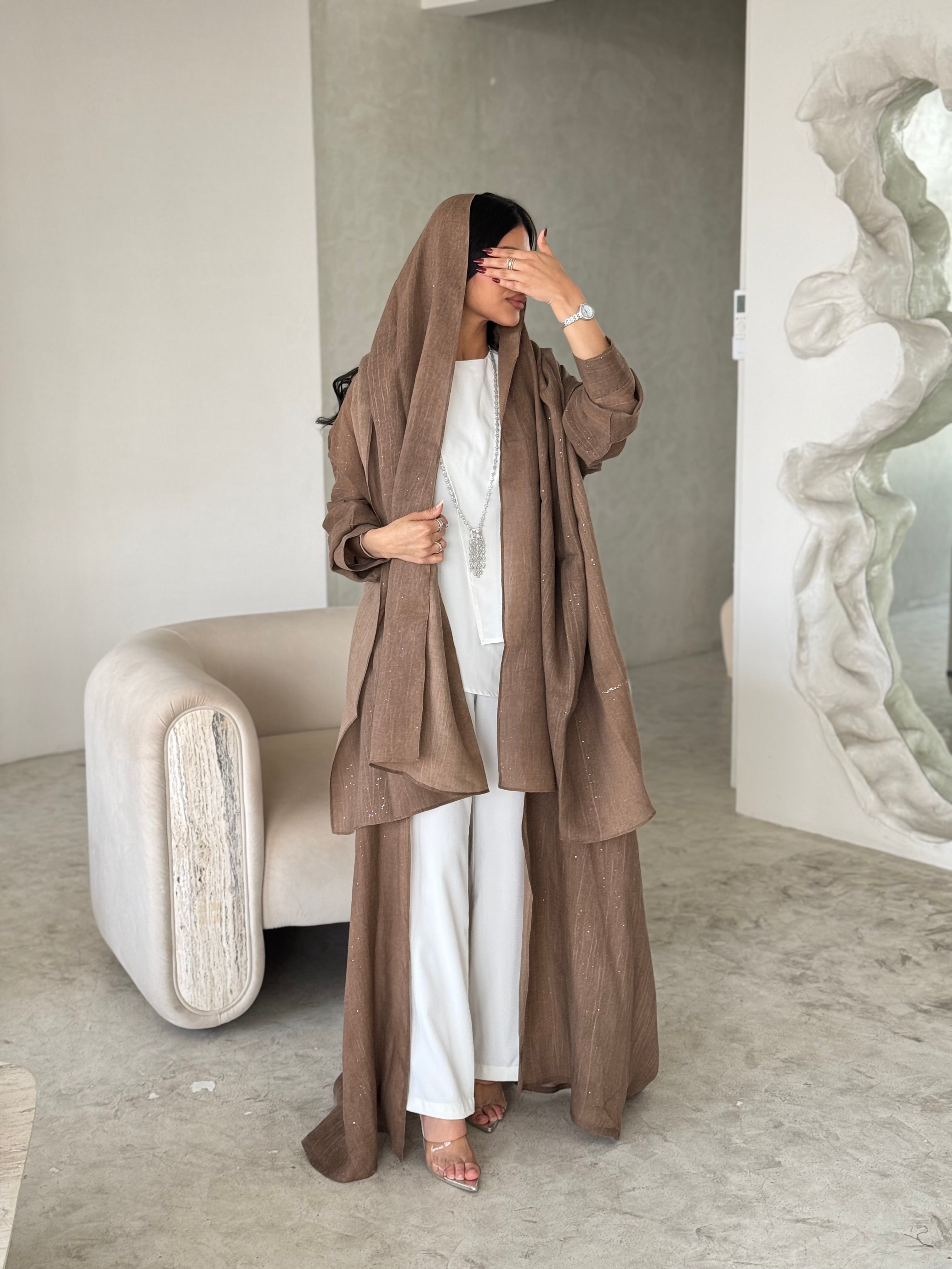 FAB170- Camel Linen Glitter A-Cut Abaya