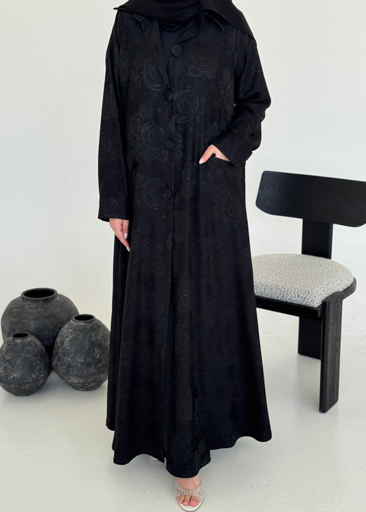 FAB238- Black Floral Silk Jacquard Blazer A-Cut Abaya