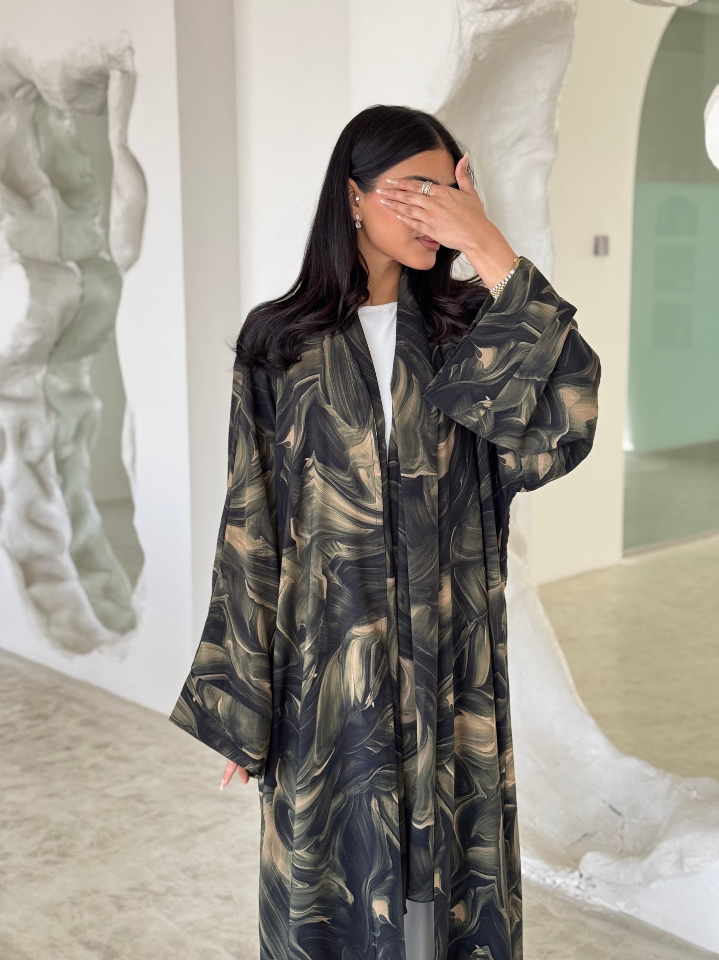 READY TO SHIP- FAB172- Green Pattern Crepe Summer Abaya with matching headscarf