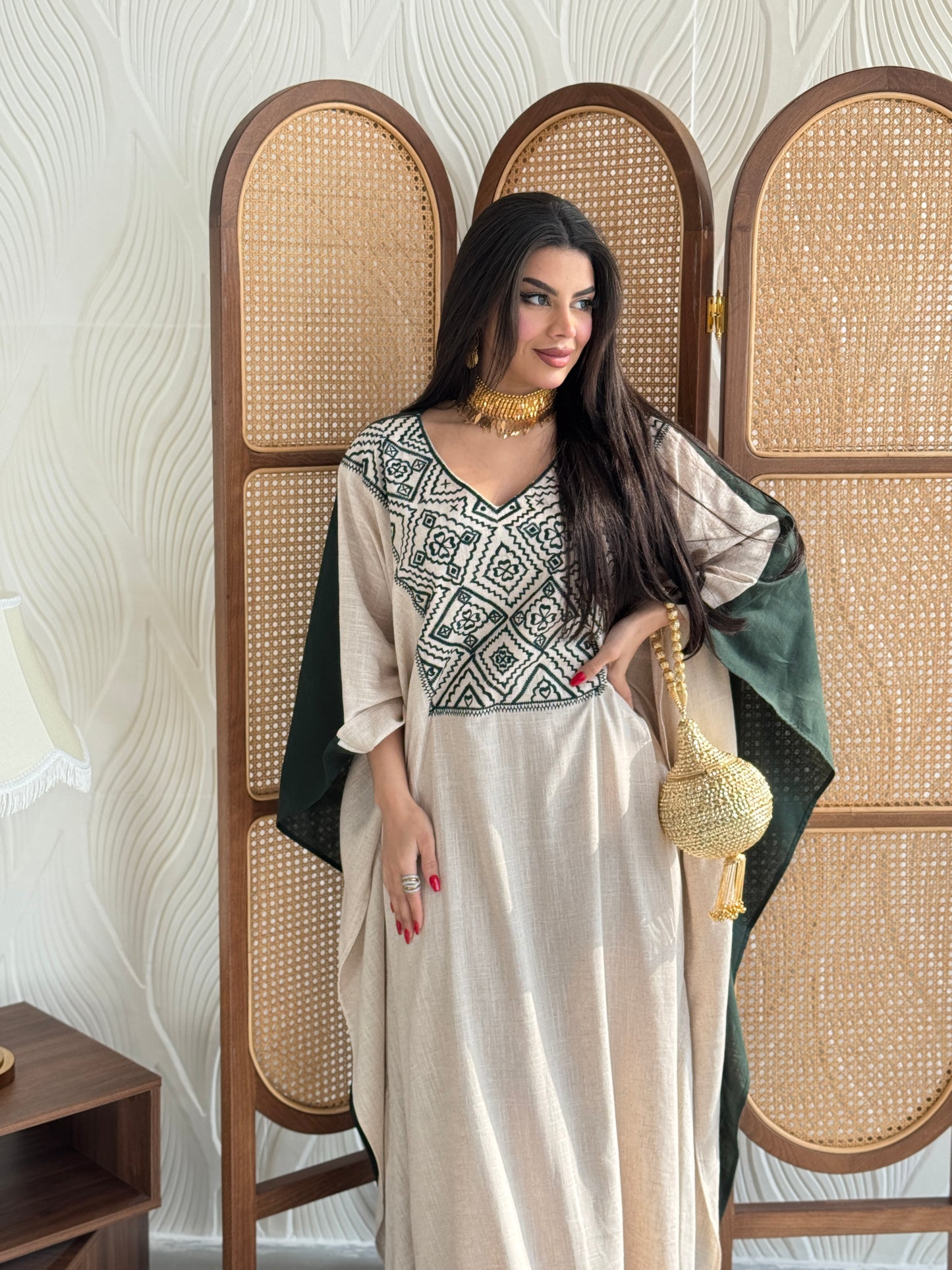 FAB253- Green Beige Two-sided embroidered Linen butterfly cut jalabiya