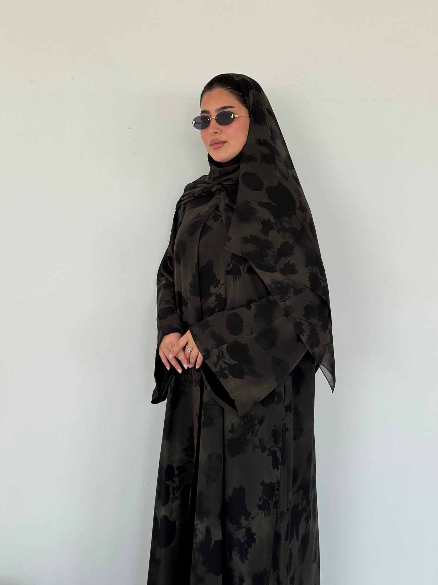 FAB215- Green Printed A-Cut Shiffon Abaya Set