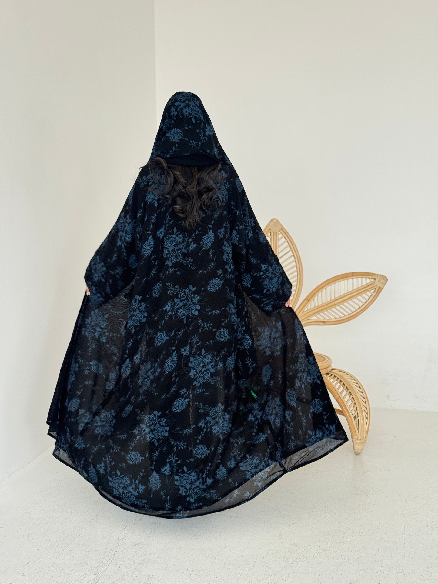FAB205-Blue Black Chiffon Pattern Summer Abaya with headscarf