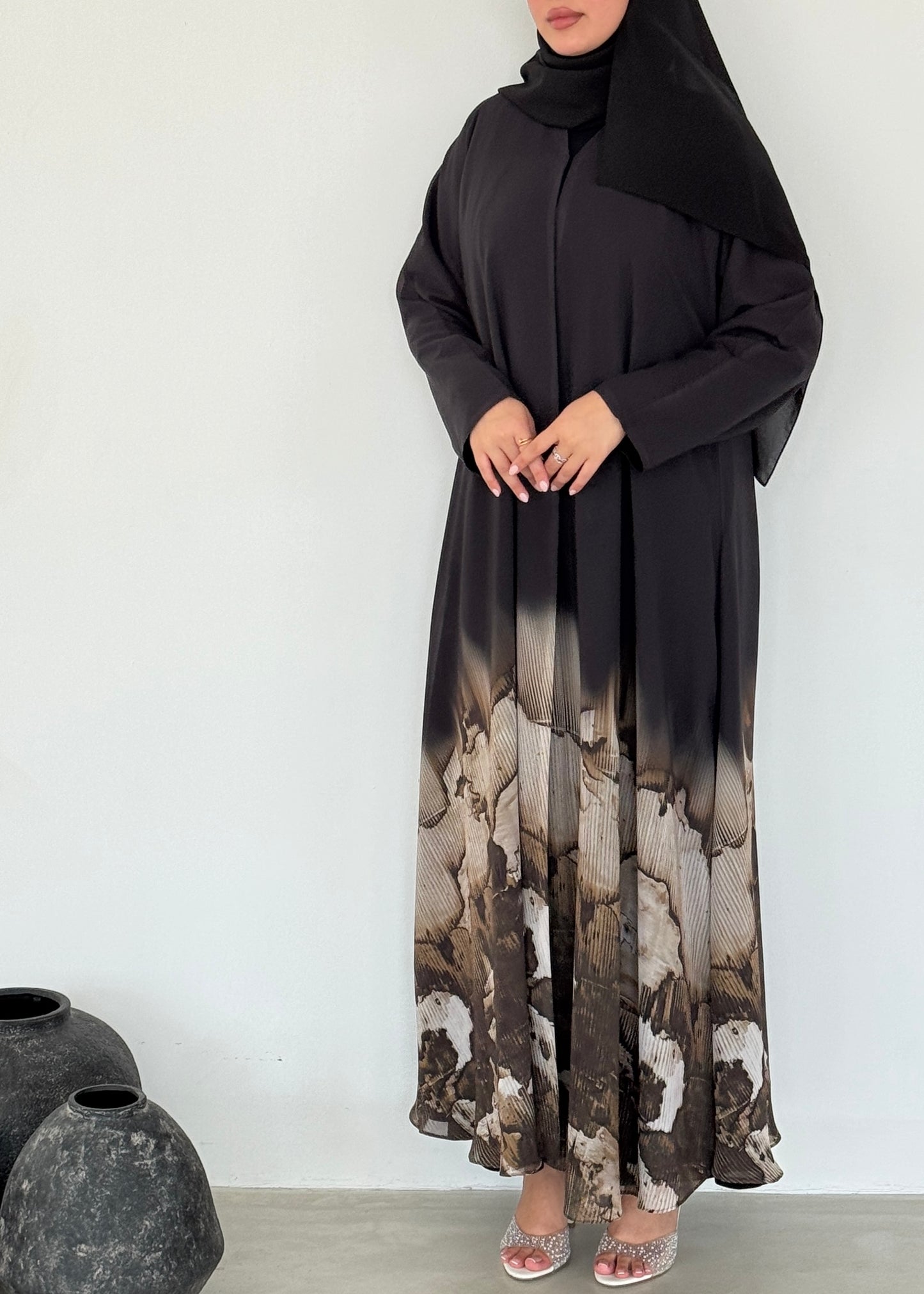 FAB213- Beige Ombre Waves print Shiffon A-cut Abaya with headscarf
