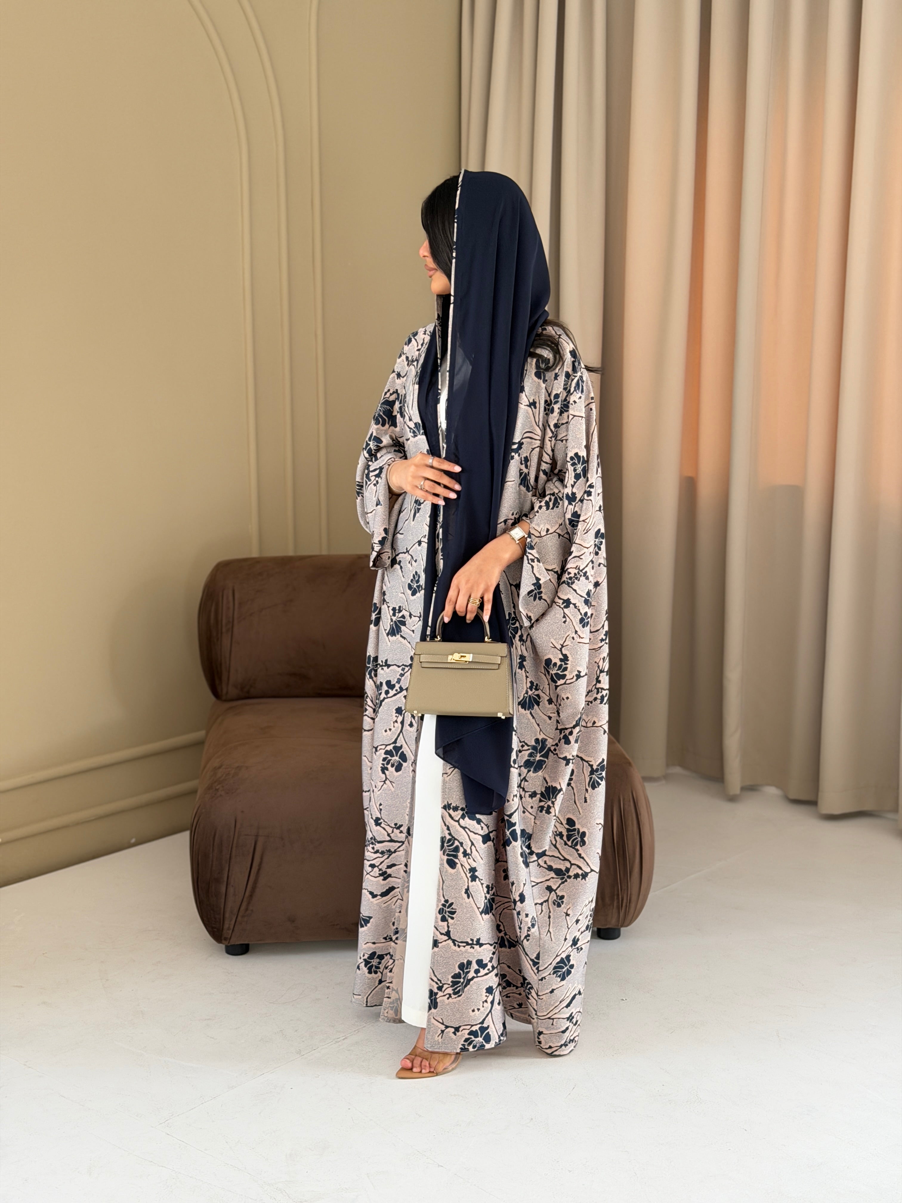 FAB285- Beige Floral Print Half Bisbt Abaya with pipping headscarf