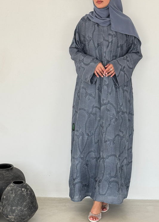 FAB218- Blue Ribbon Embroidery Linen Abaya with headscarf