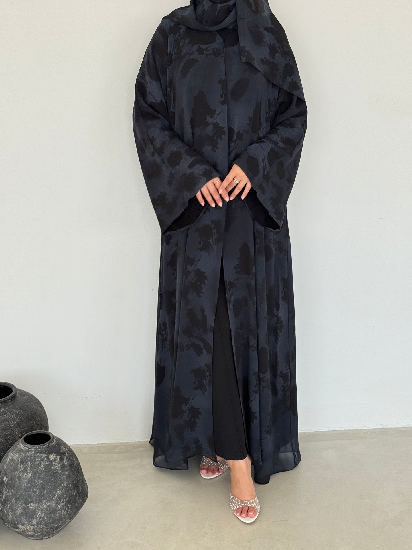 FAB216- Blue Printed A-Cut Shiffon Abaya Set