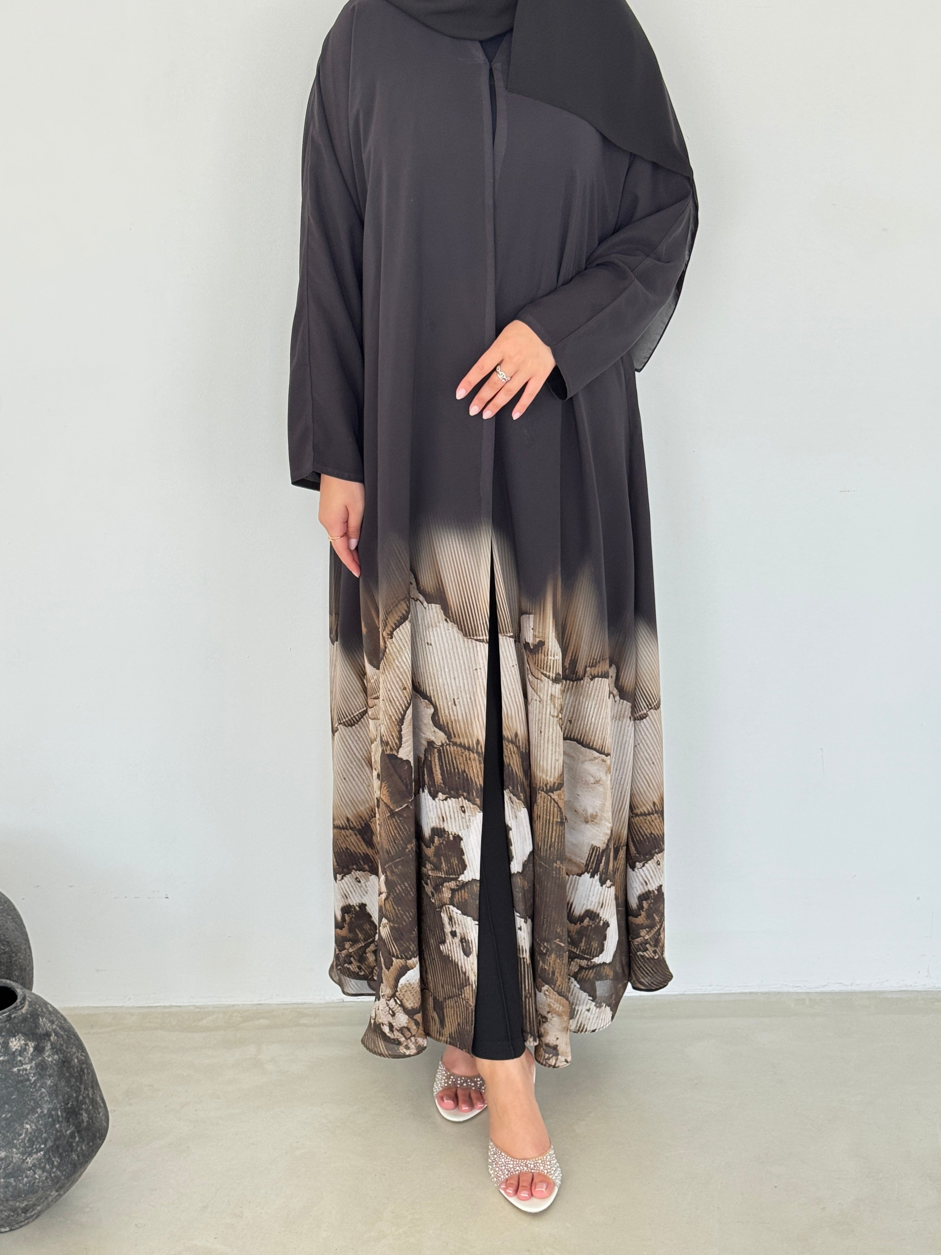FAB213- Beige Ombre Waves print Shiffon A-cut Abaya with headscarf