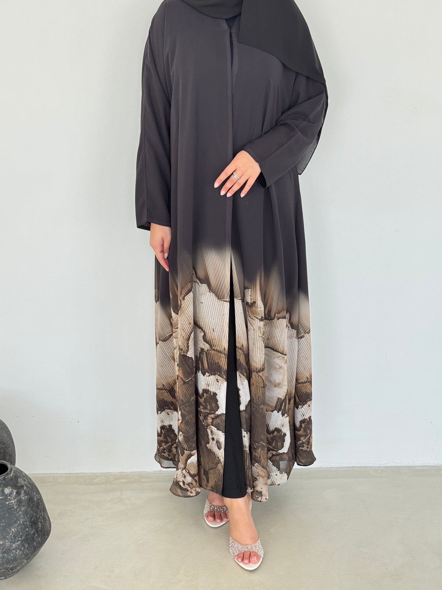 FAB213- Beige Ombre Waves print Shiffon A-cut Abaya with headscarf