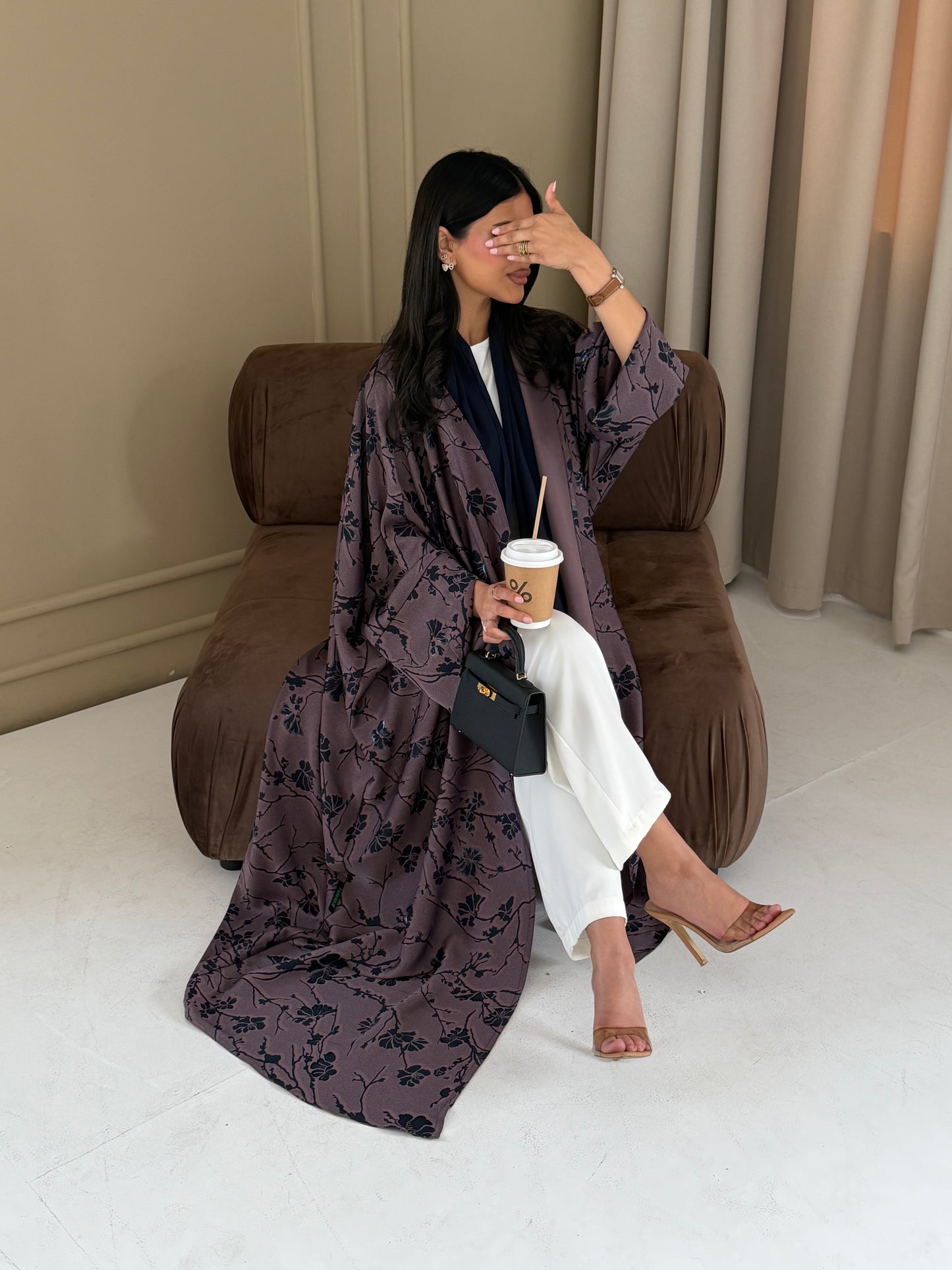 FAB284-Purple Floral Print Half Bisbt Abaya with pipping headscarf