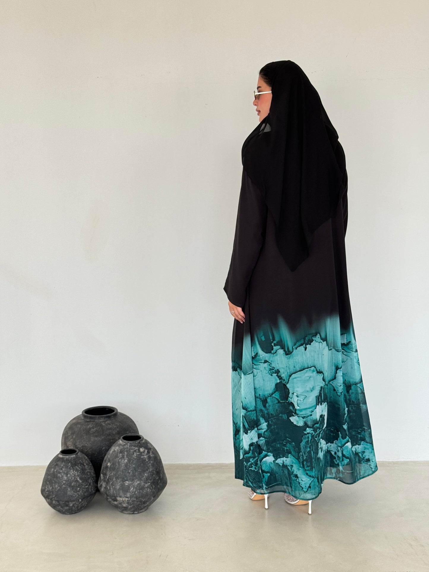 FAB210- Turquoise Ombre Waves print Shiffon A-cut Abaya with headscarf