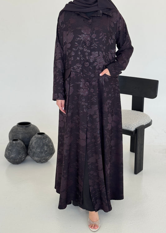 FAB237- Purple Floral Silk Jacquard Blazer A-Cut Abaya