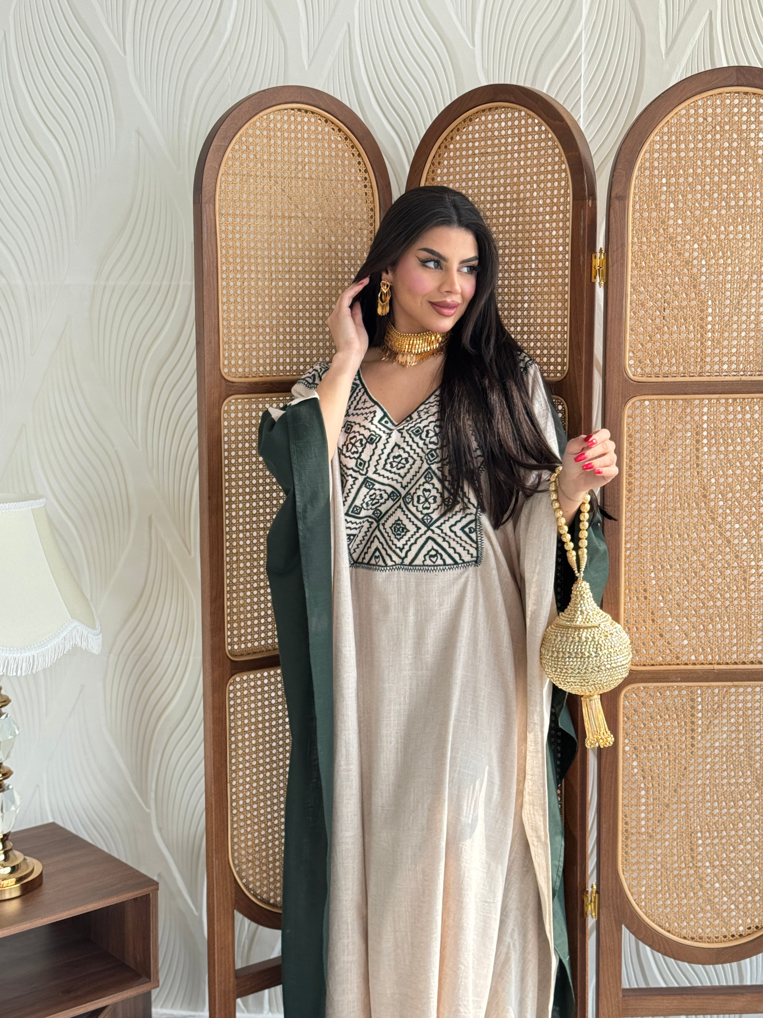 FAB253- Green Beige Two-sided embroidered Linen butterfly cut jalabiya