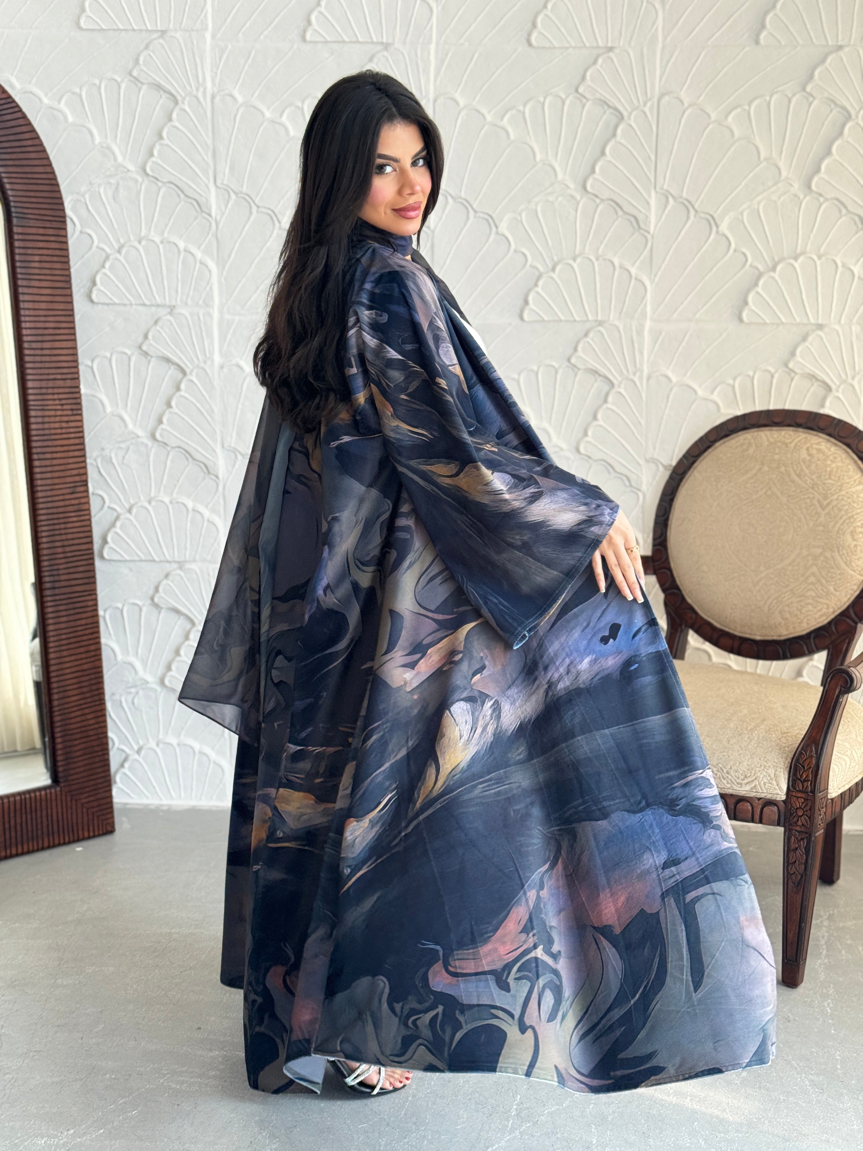 FAB241-Light Black Patterned Printed Velvet A-Cut Abaya Set