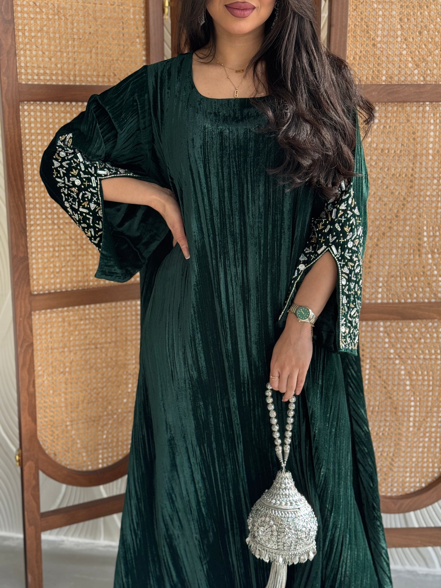 FAB251-Royal Green Velvet Crystals Embroidered A-Cut Jalabiya