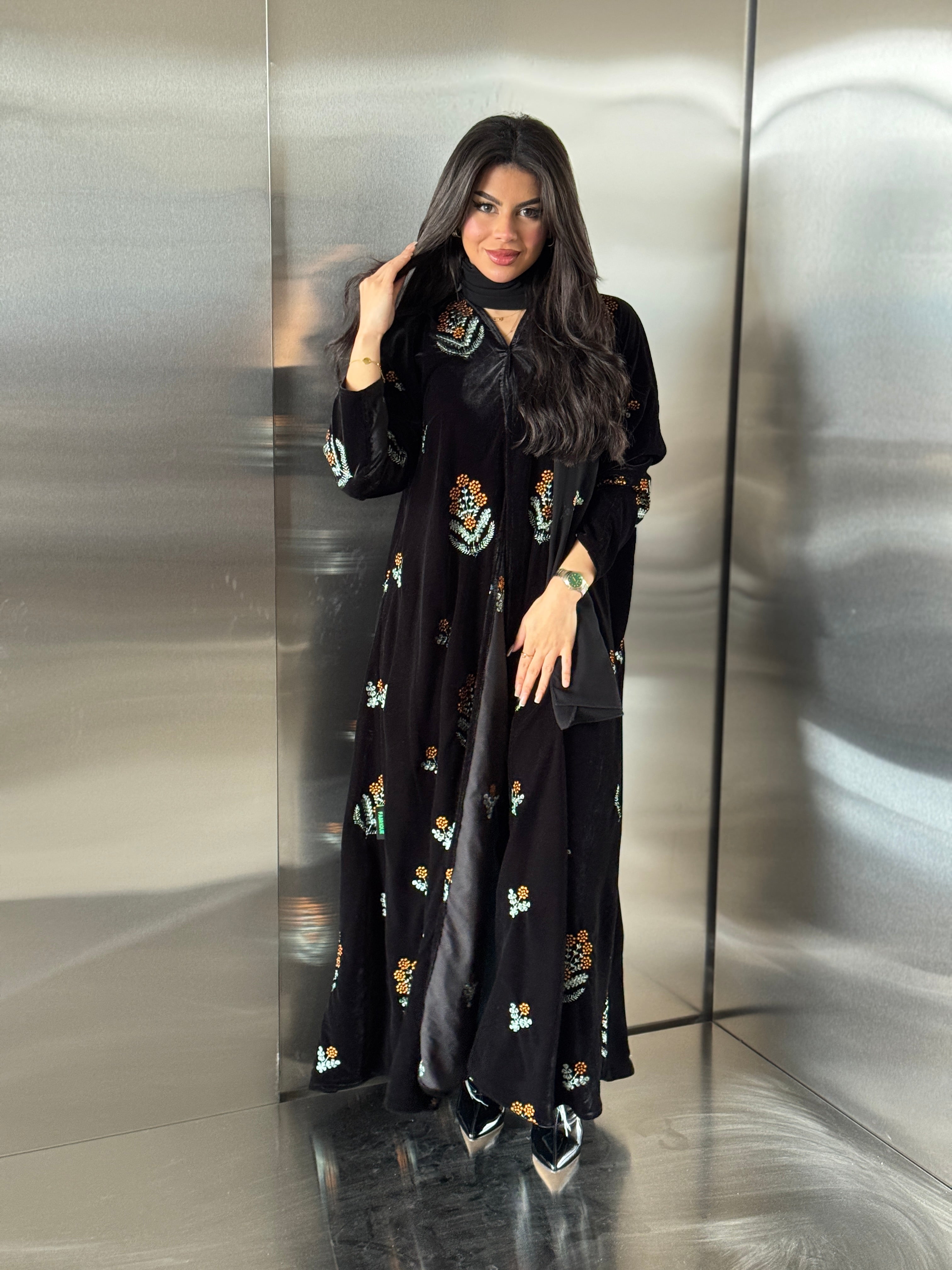 FAB247- Black Velvet with Orange Embroidery A-Cut Abaya Set