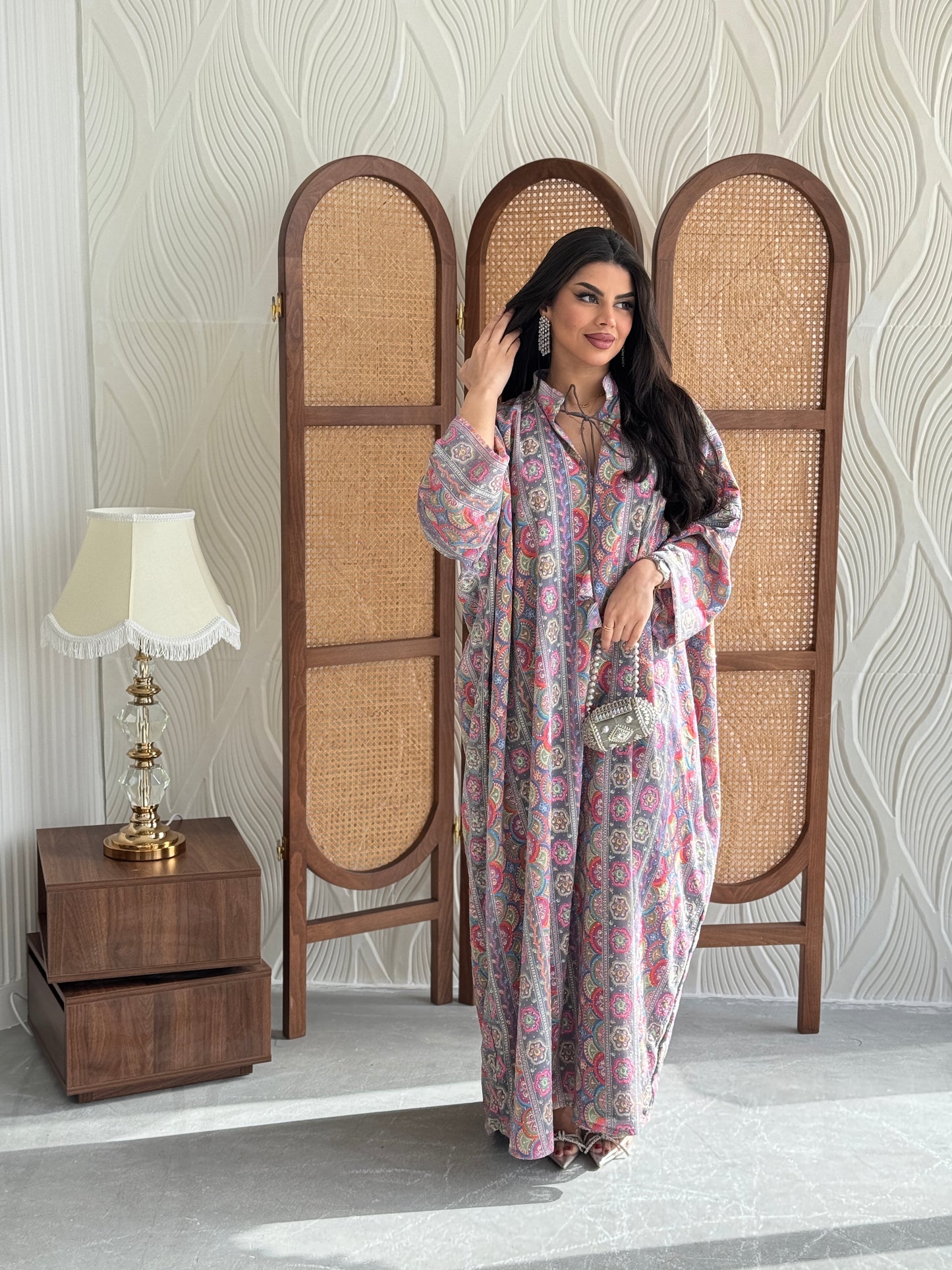 FAB280-Greyish Pink free size colorful crystals chiffon jalabiya and tie-neck detail