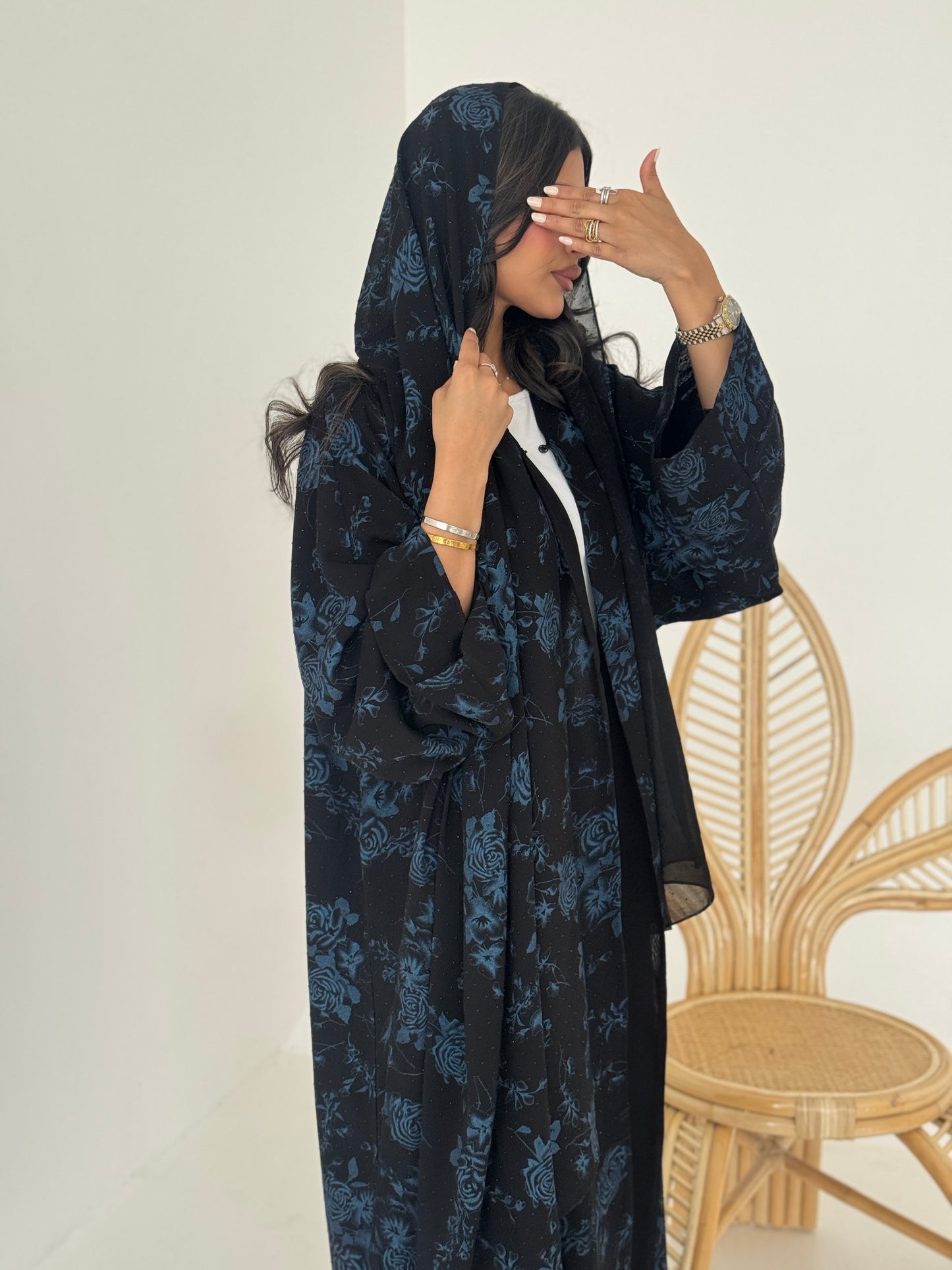FAB205-Blue Black Chiffon Pattern Summer Abaya with headscarf