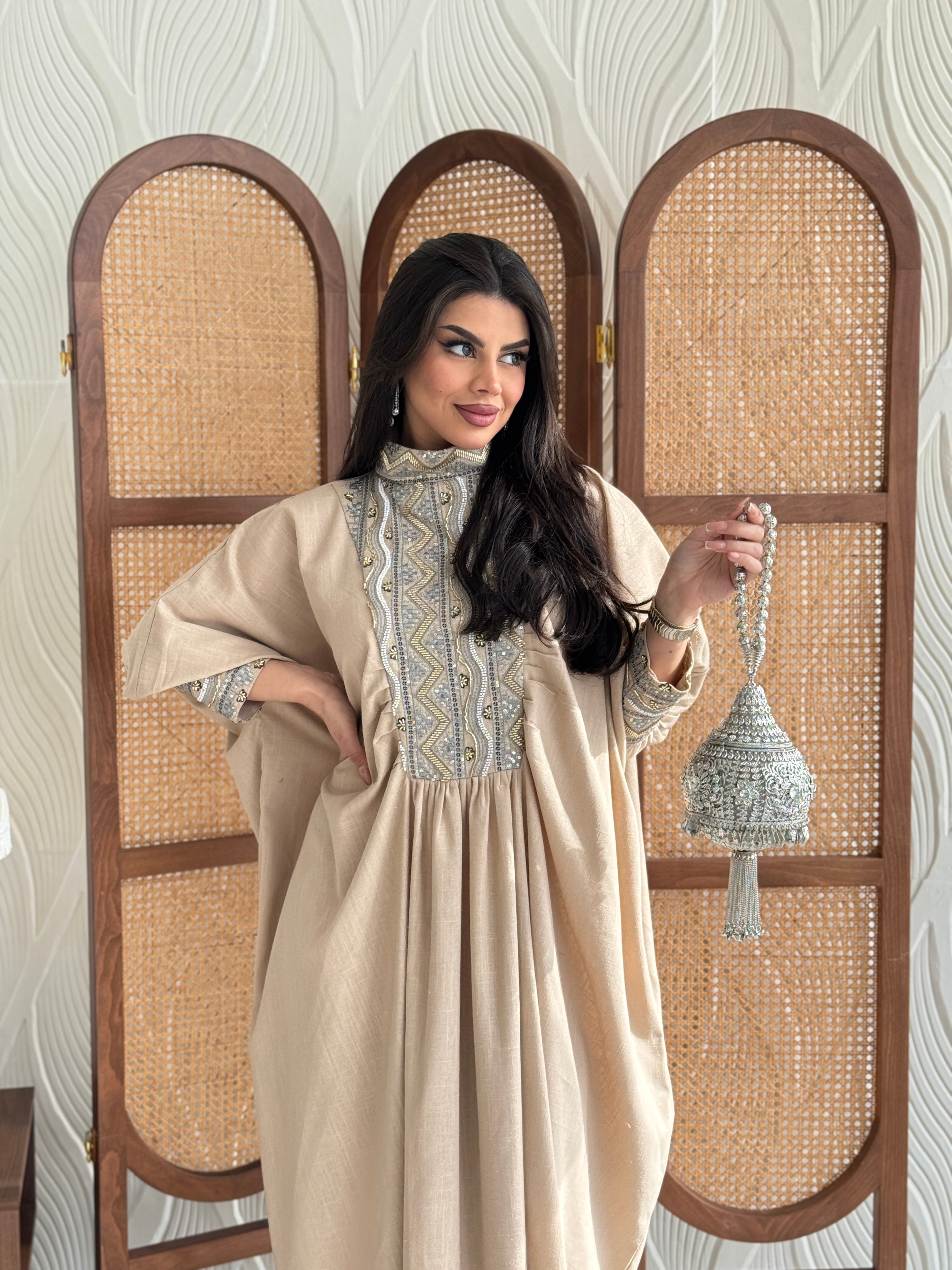 FAB281-Luxurious Beige pure linen high neck jalabiya with full beaded silver embroidery