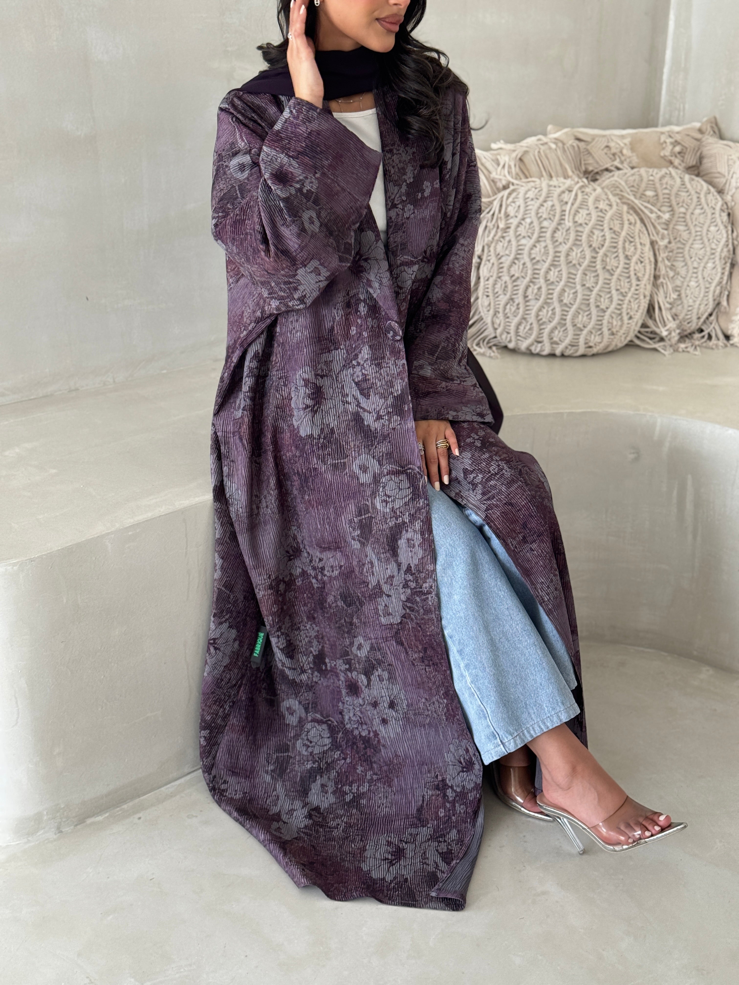 FAB200-Purple Pleats Half-Bisht Summer Abaya with matching headscarf