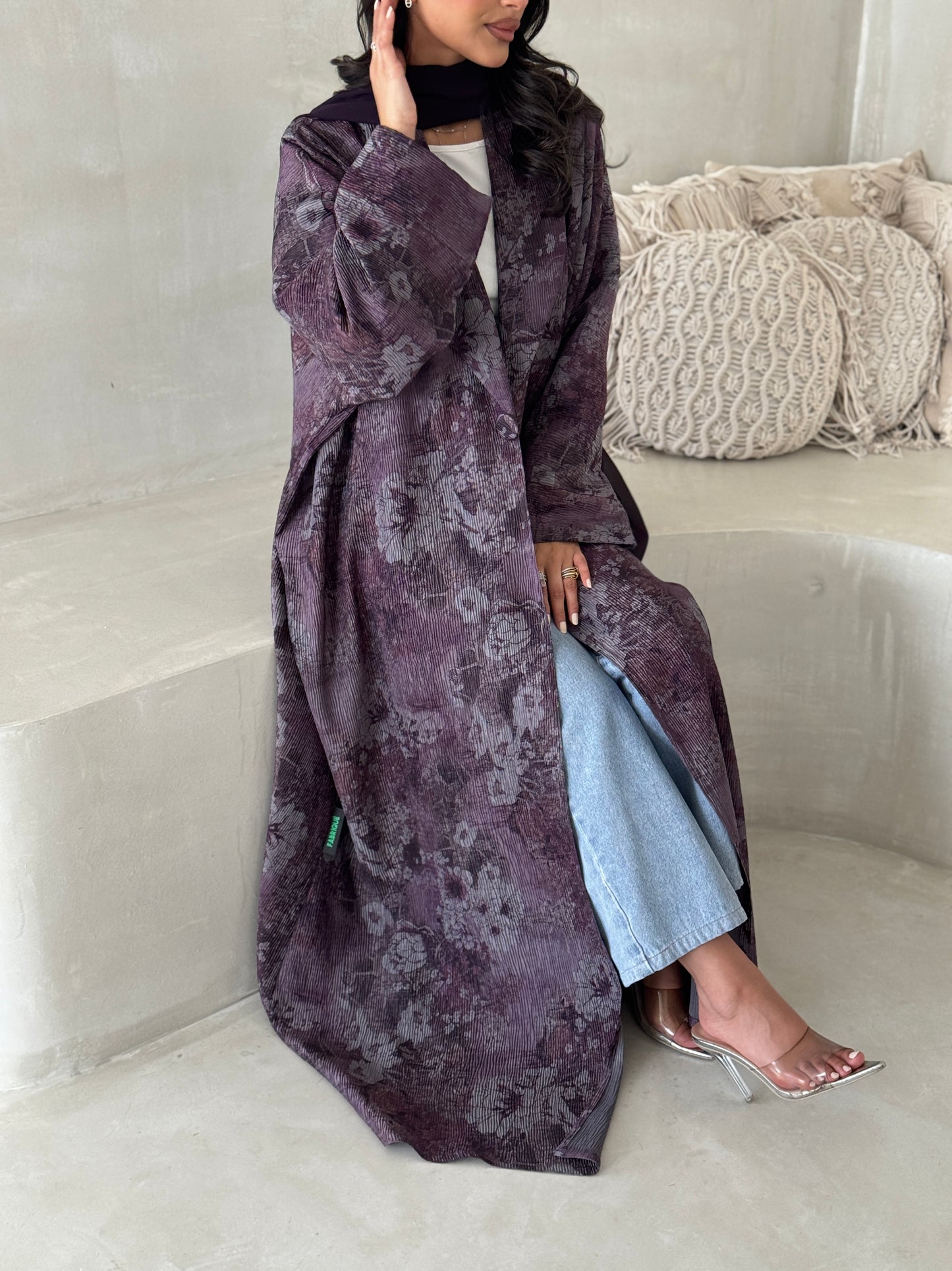 FAB200-Purple Pleats Half-Bisht Summer Abaya with matching headscarf