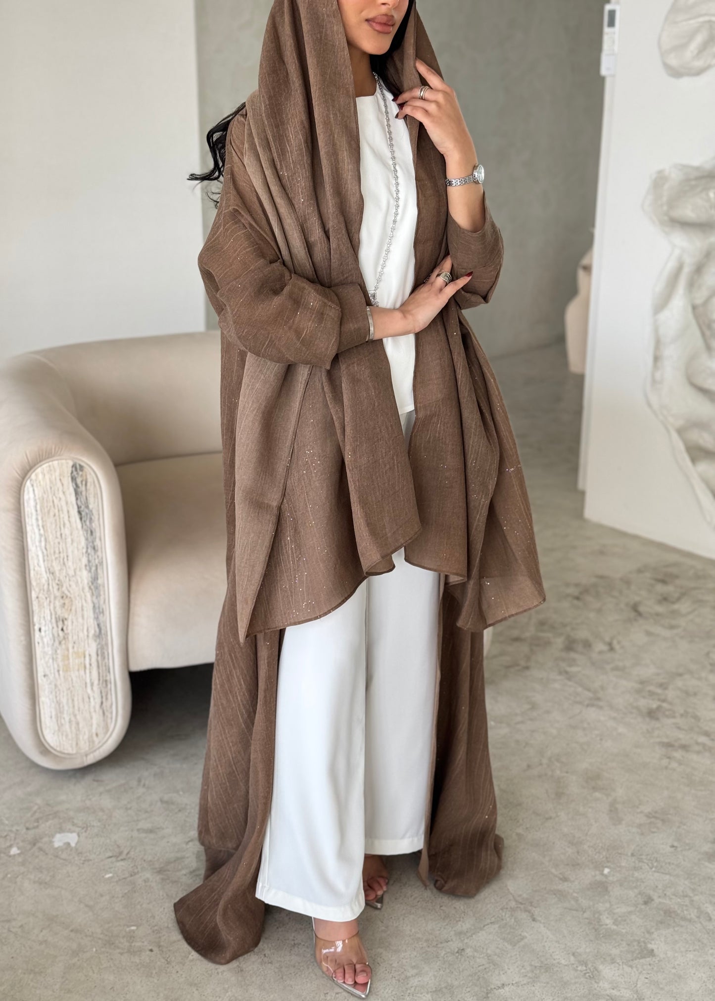 FAB170- Camel Linen Glitter A-Cut Abaya