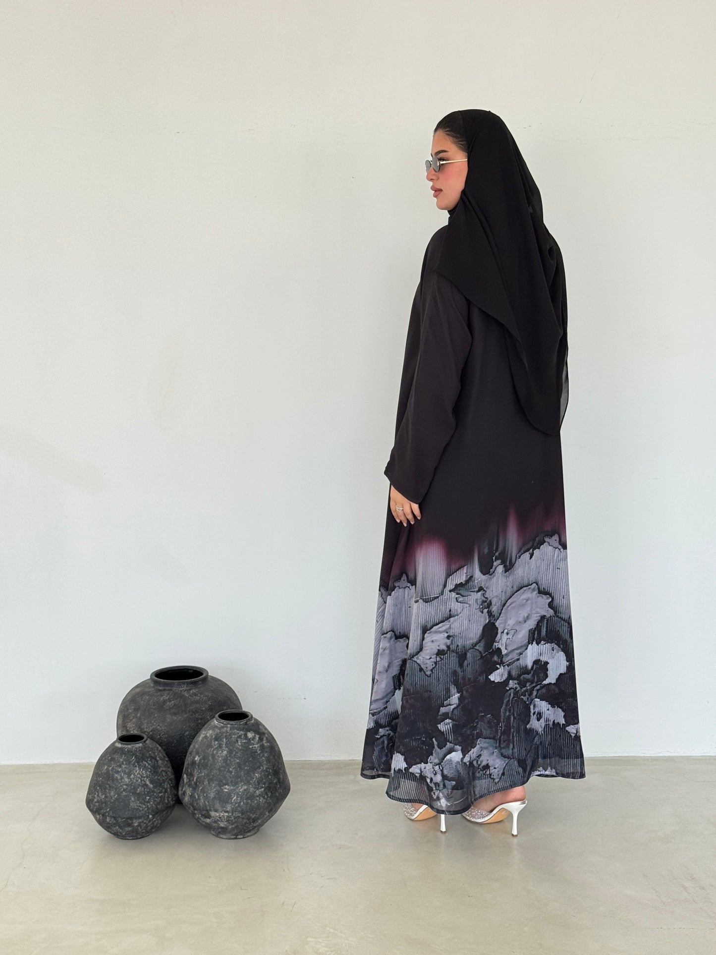 FAB209- Grey Ombre Waves print Shiffon A-cut Abaya with headscarf