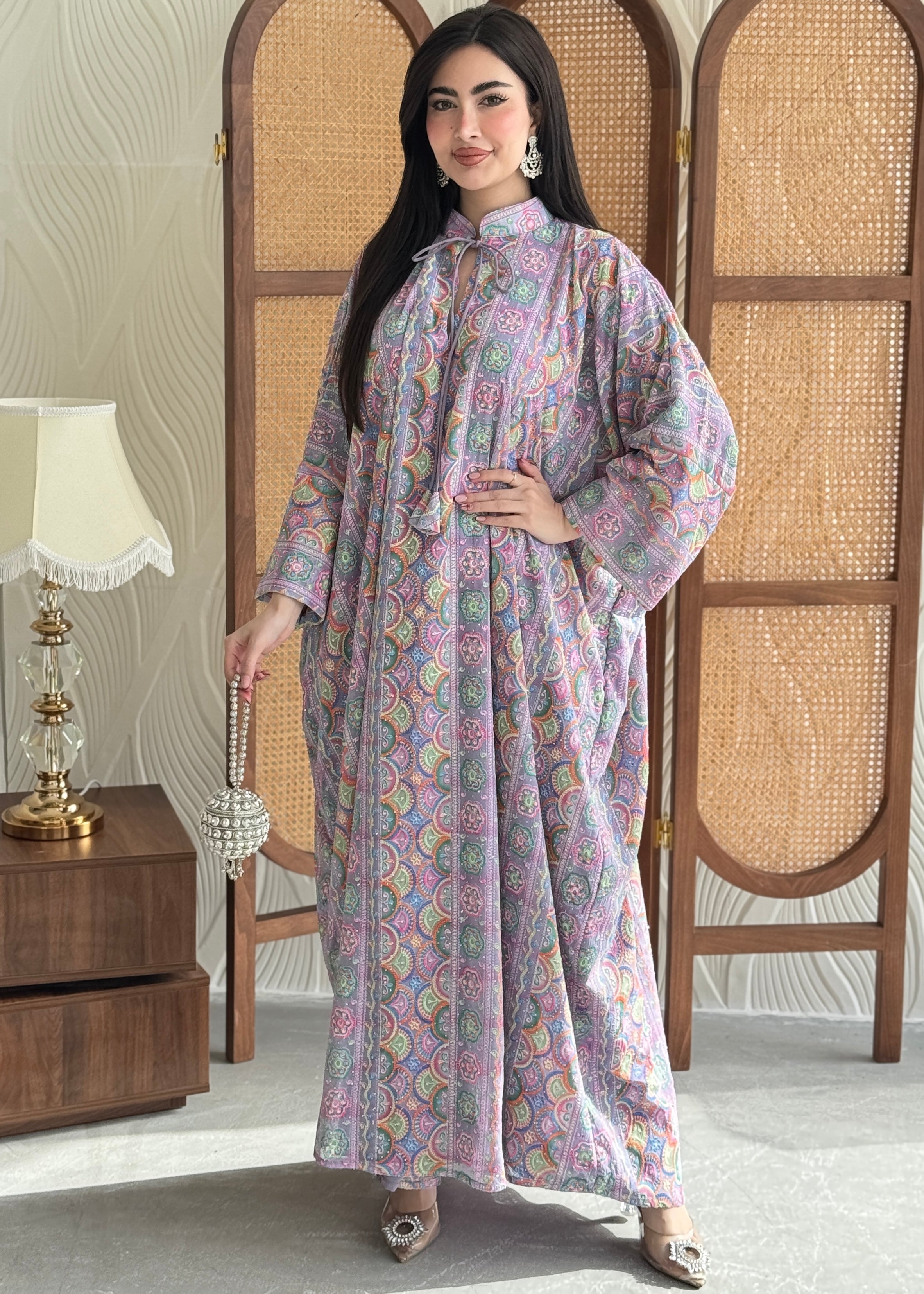FAB278-Light Purple free size colorful crystals chiffon jalabiya and tie-neck detail