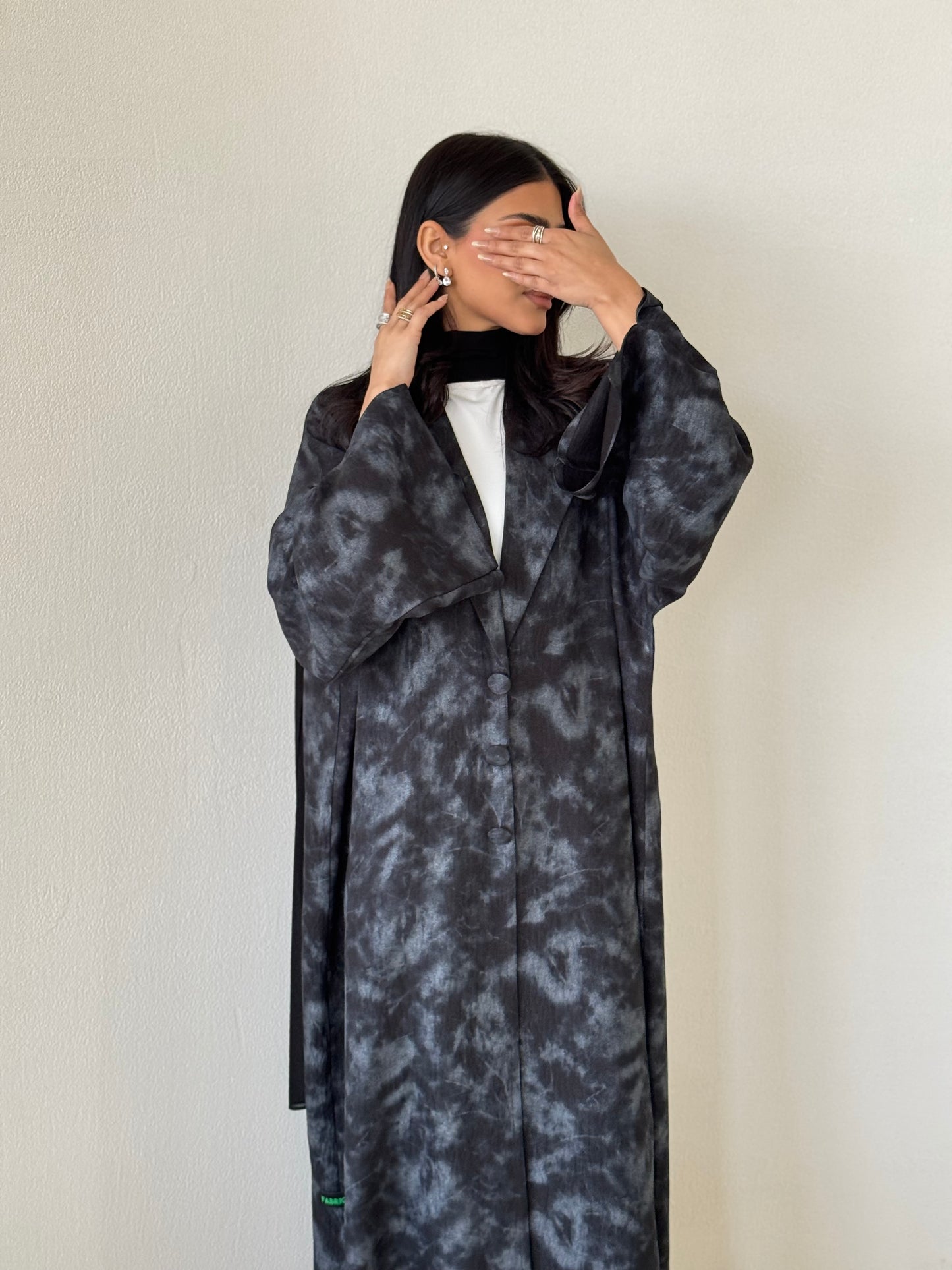 READY TO SHIP- FAB178- Black Silver Tie-dye Blazer Cut Abaya
