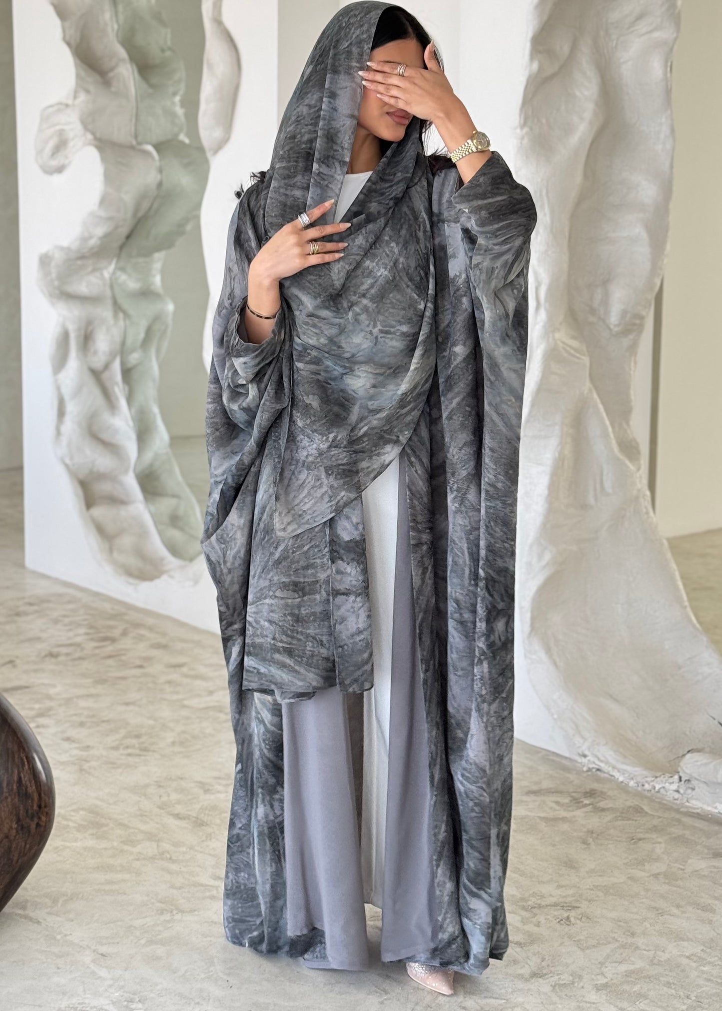 FAB175-Grey Shimmer Chiffon Summer Abaya with matching headscarf
