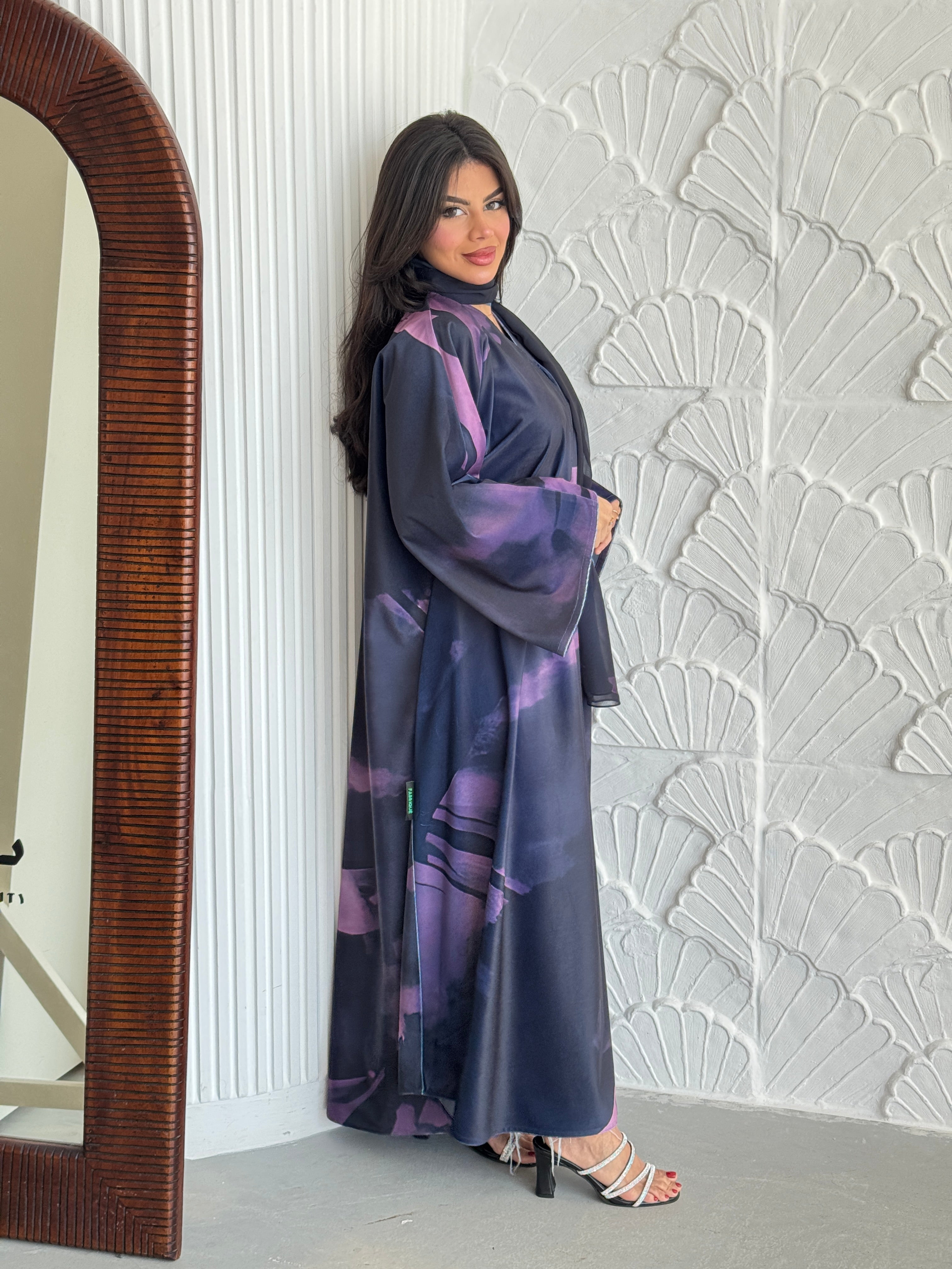 FAB243-Purple Patterned Printed Velvet A-Cut Abaya Set