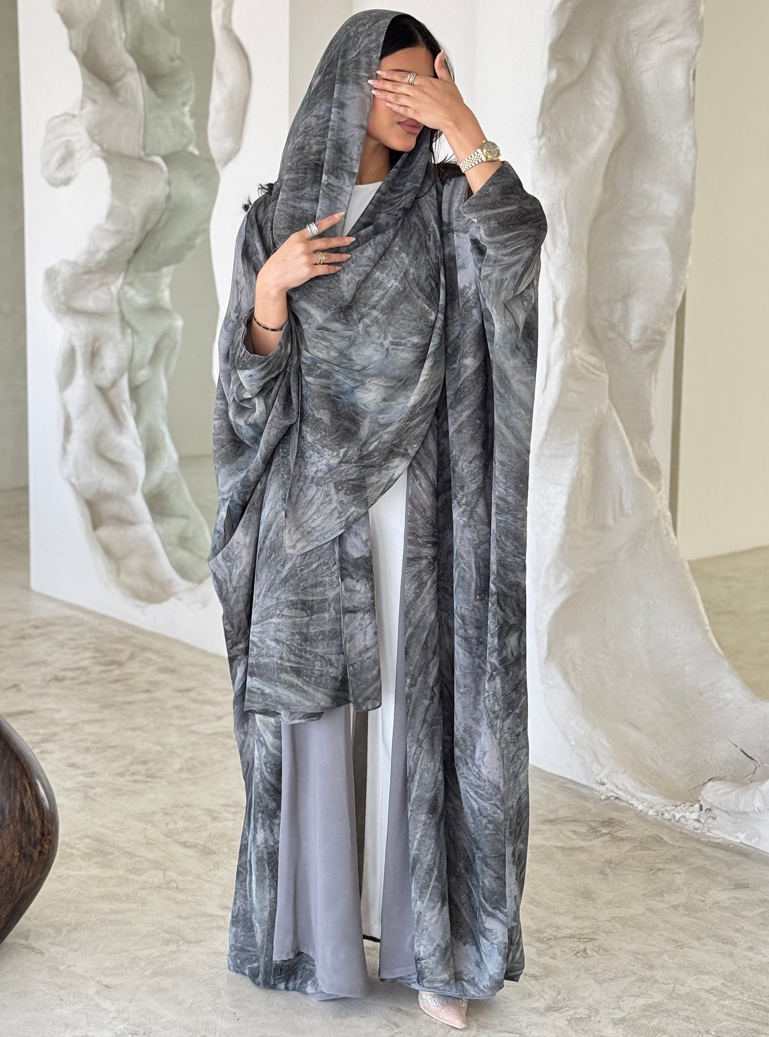 FAB175-Grey Shimmer Chiffon Summer Abaya with matching headscarf