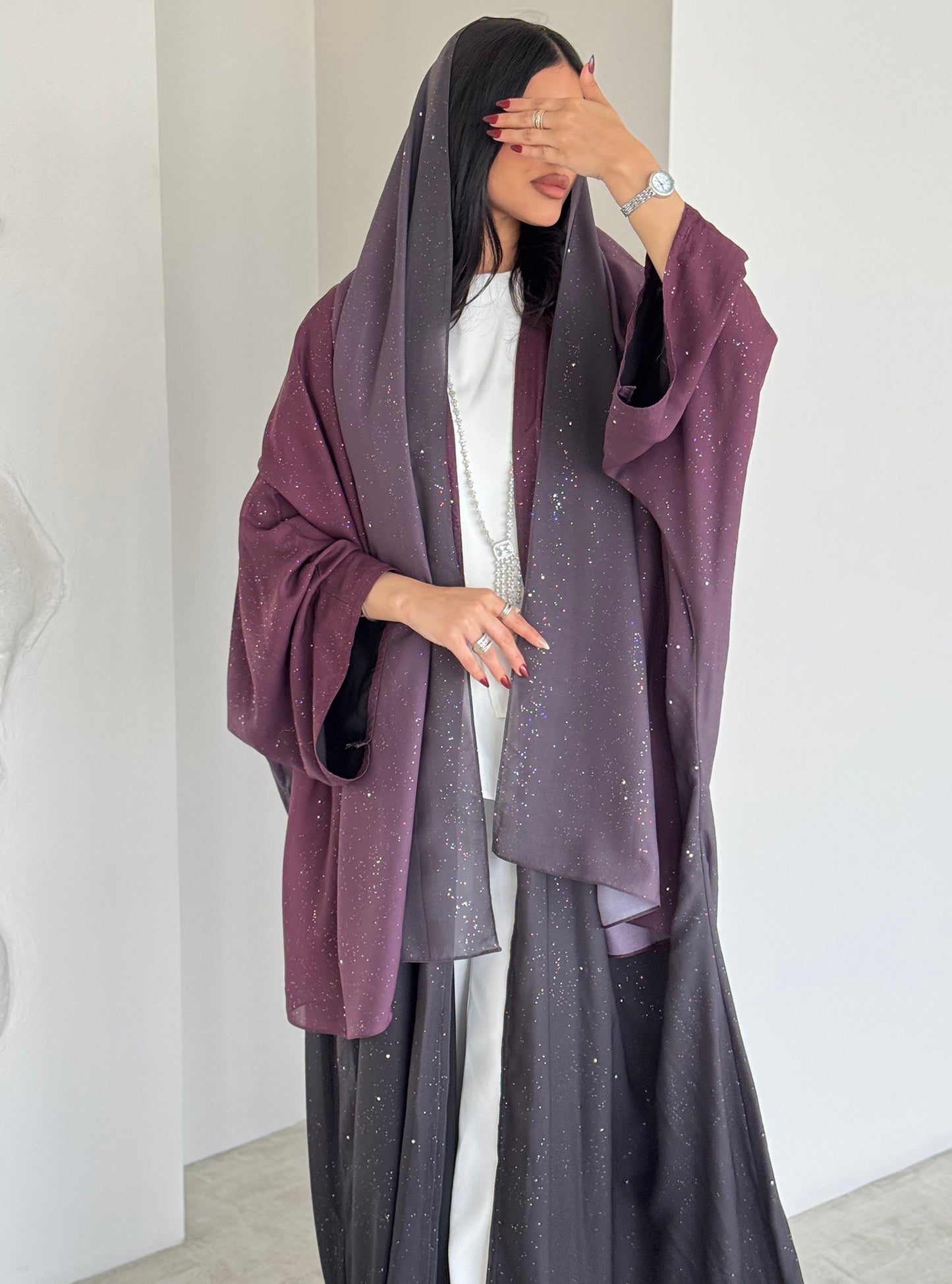 FAB162- Maroon Ombre Glitter Abaya with matching headscarf