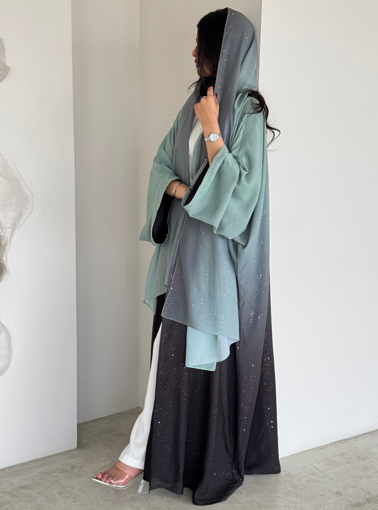 FAB161-Turqoise Ombre Glitter Abaya with matching headscarf