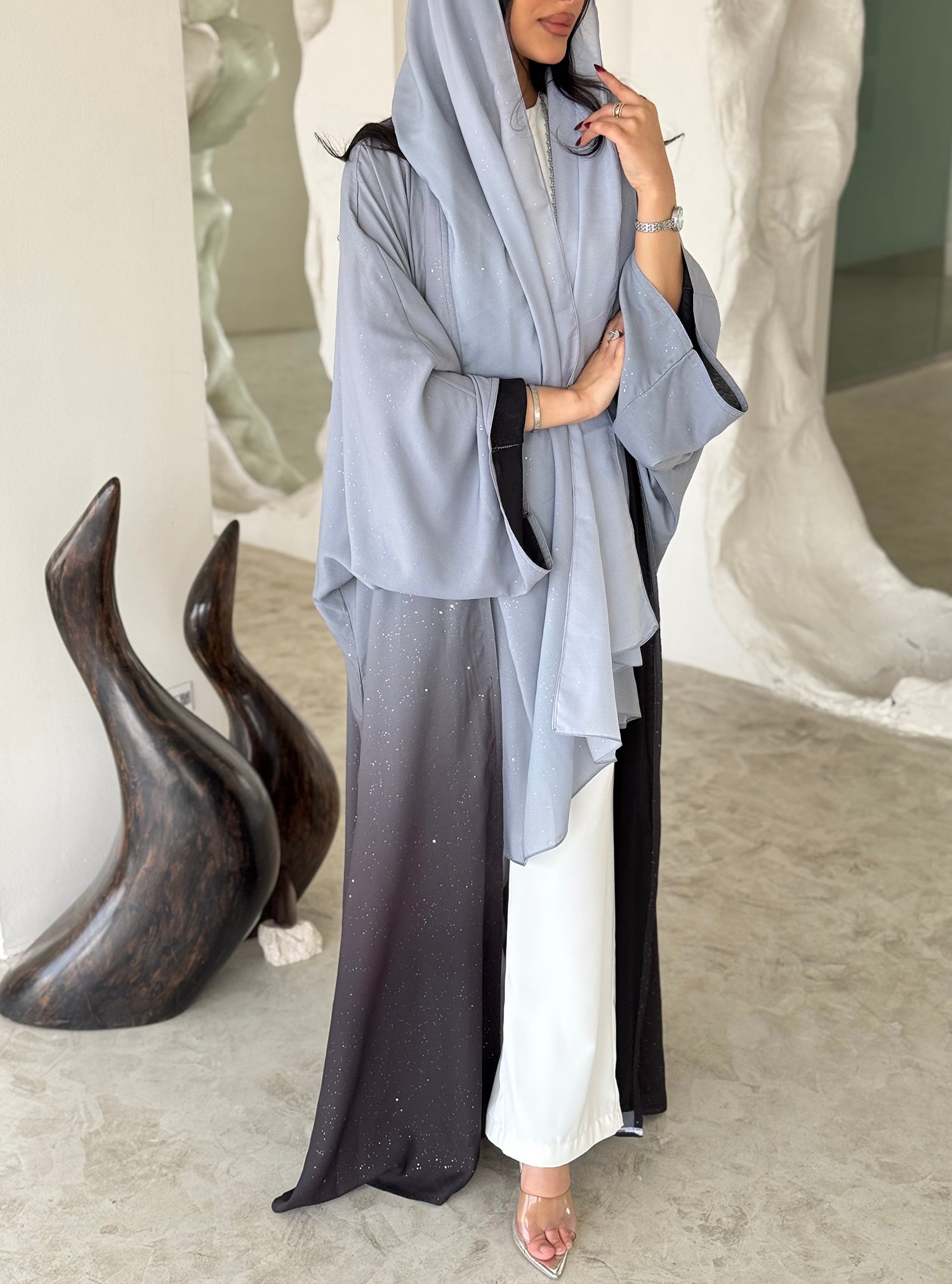 FAB163- Grey Ombre Glitter Abaya with matching headscarf