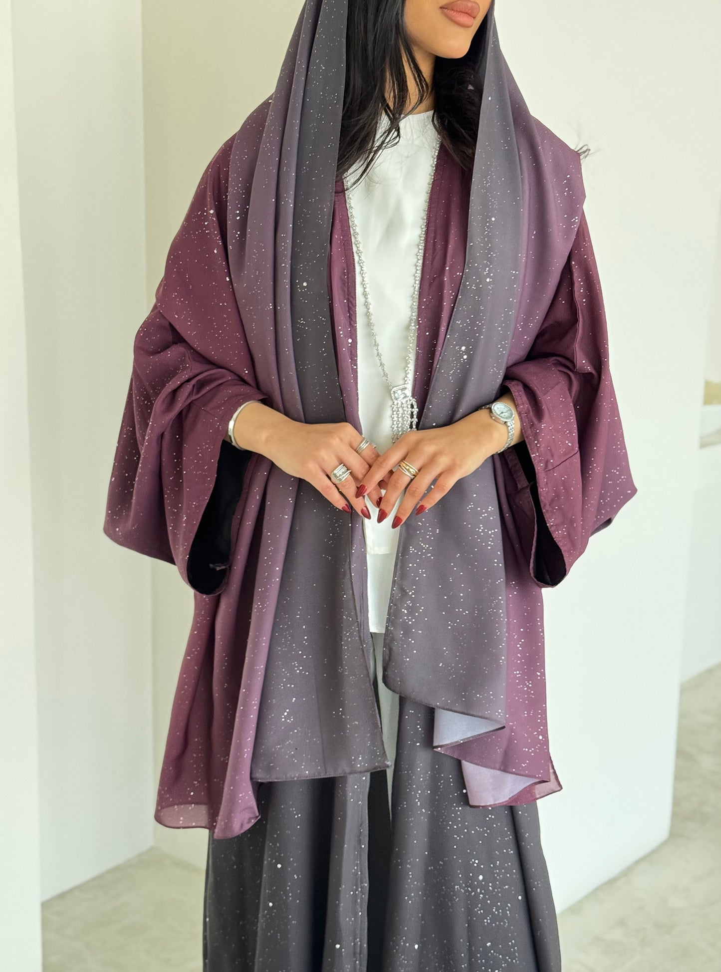 FAB162- Maroon Ombre Glitter Abaya with matching headscarf