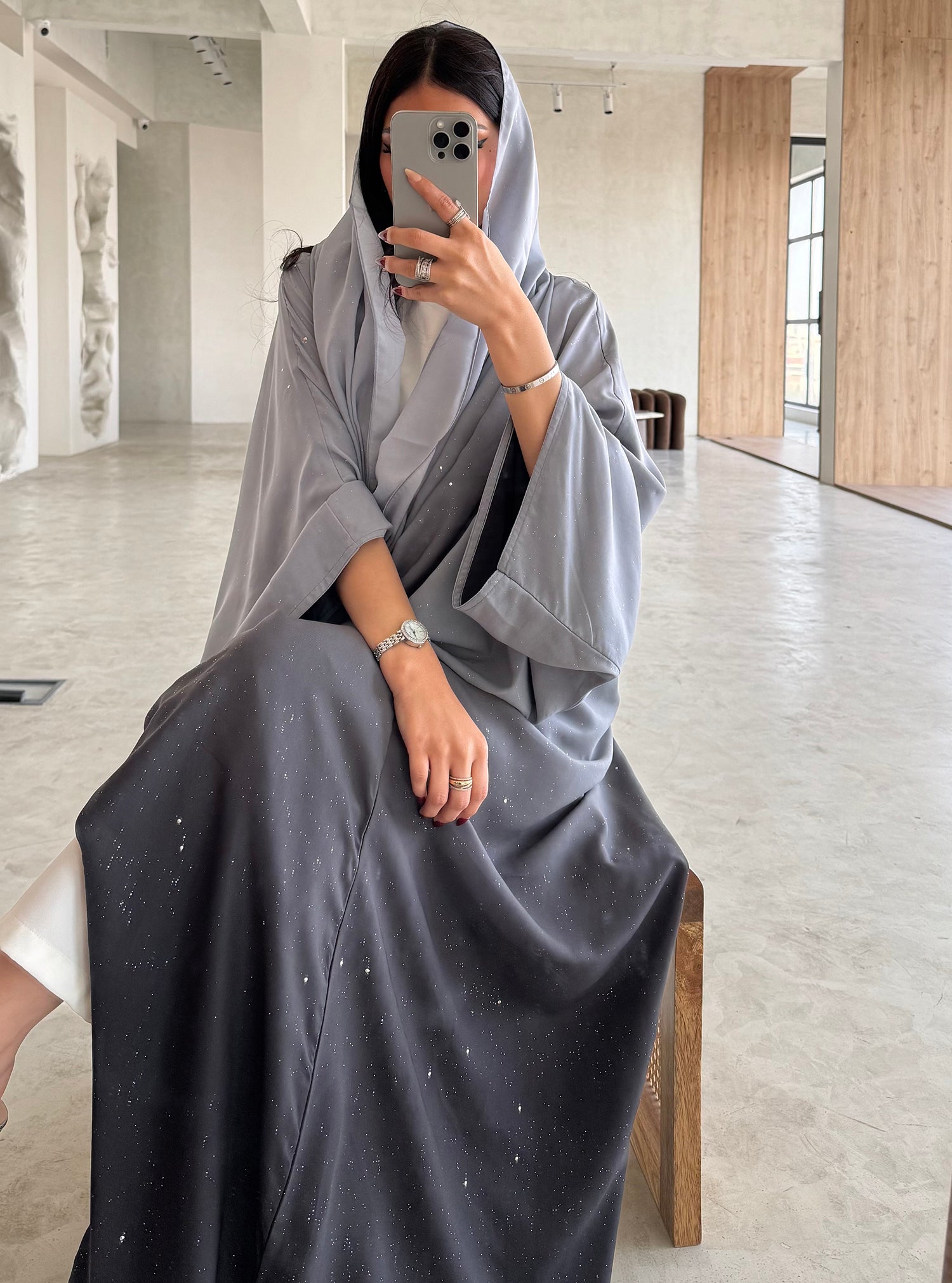 FAB163- Grey Ombre Glitter Abaya with matching headscarf