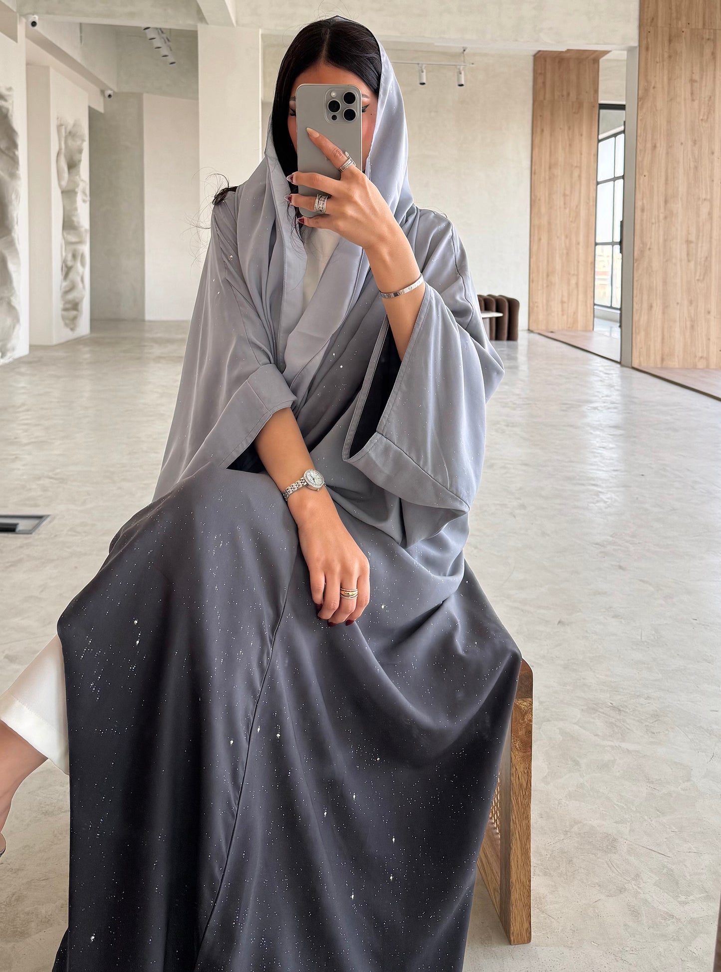 FAB163- Grey Ombre Glitter Abaya with matching headscarf