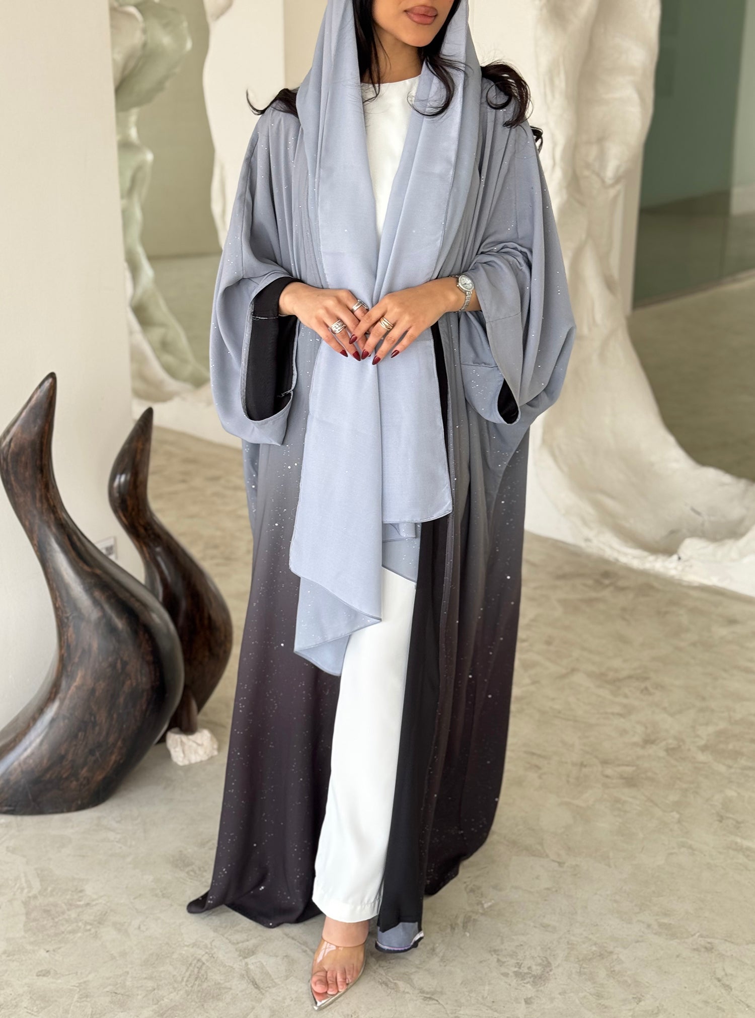 FAB163- Grey Ombre Glitter Abaya with matching headscarf