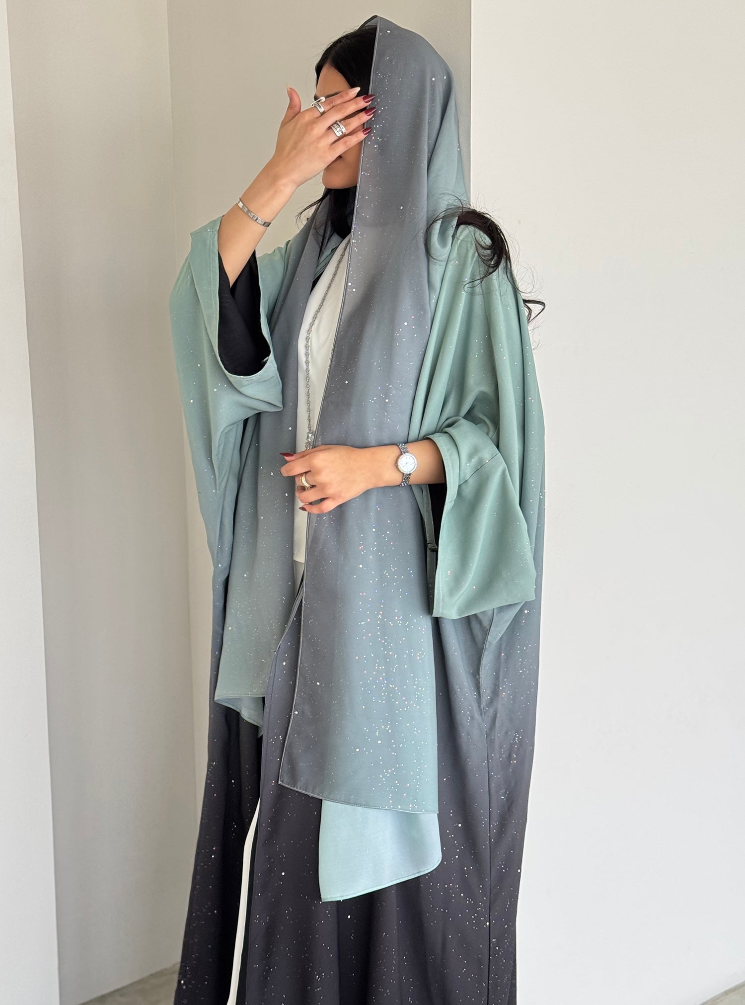 FAB161-Turqoise Ombre Glitter Abaya with matching headscarf