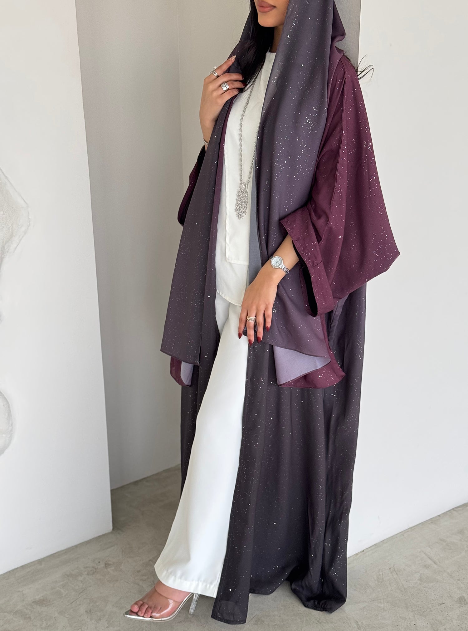 FAB162- Maroon Ombre Glitter Abaya with matching headscarf