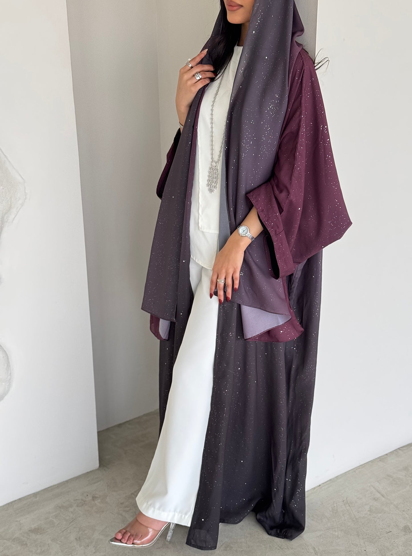 FAB162- Maroon Ombre Glitter Abaya with matching headscarf