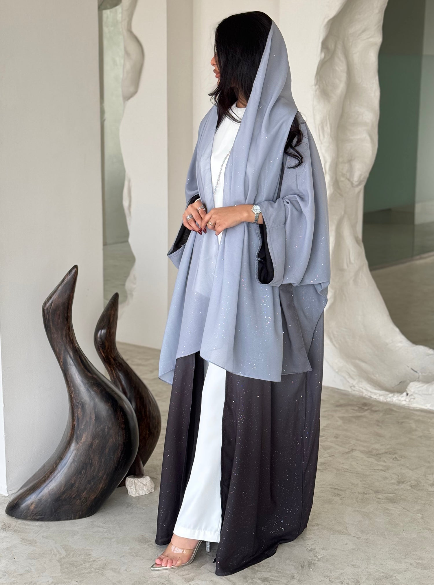 FAB163- Grey Ombre Glitter Abaya with matching headscarf