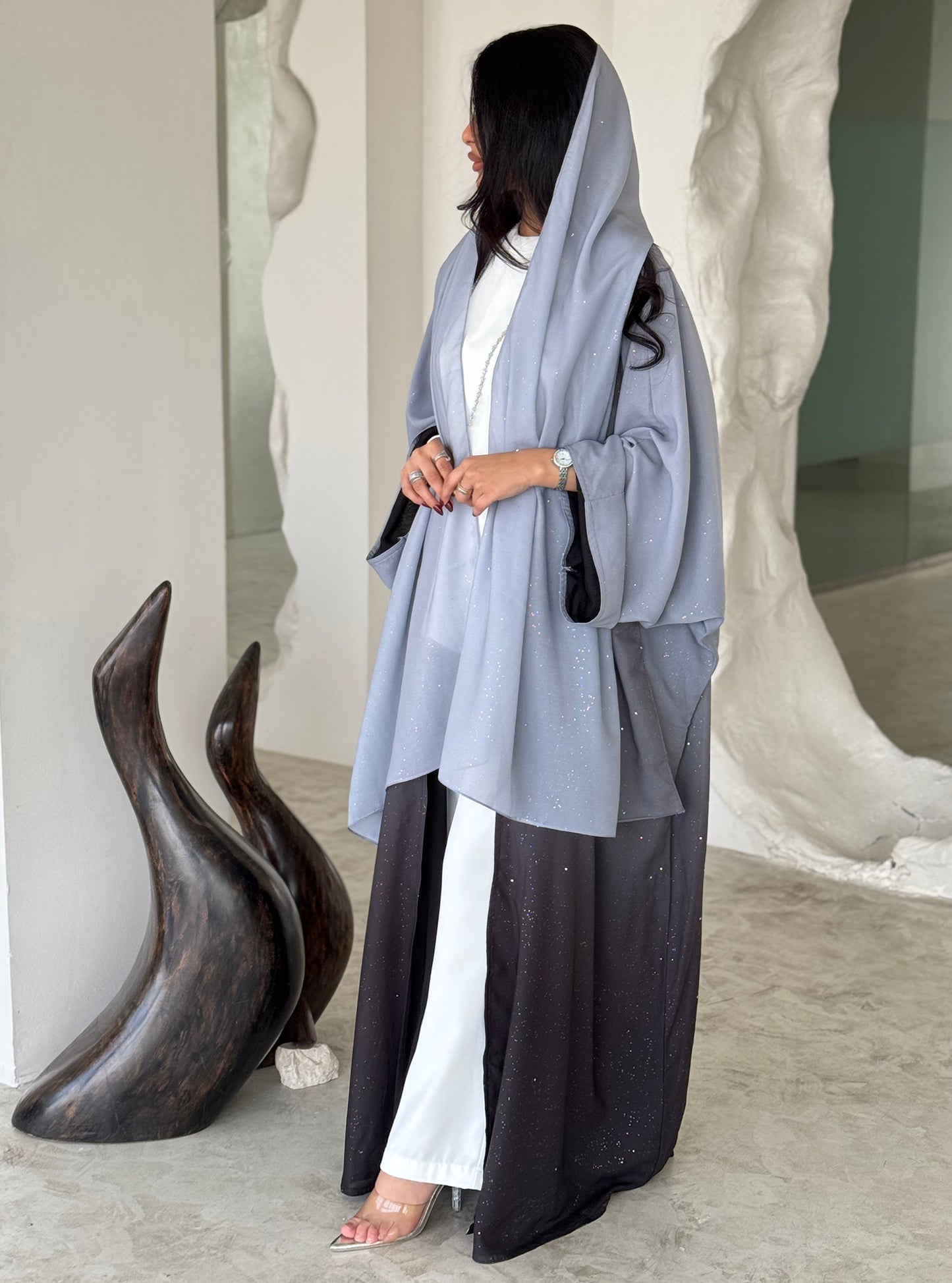 FAB163- Grey Ombre Glitter Abaya with matching headscarf