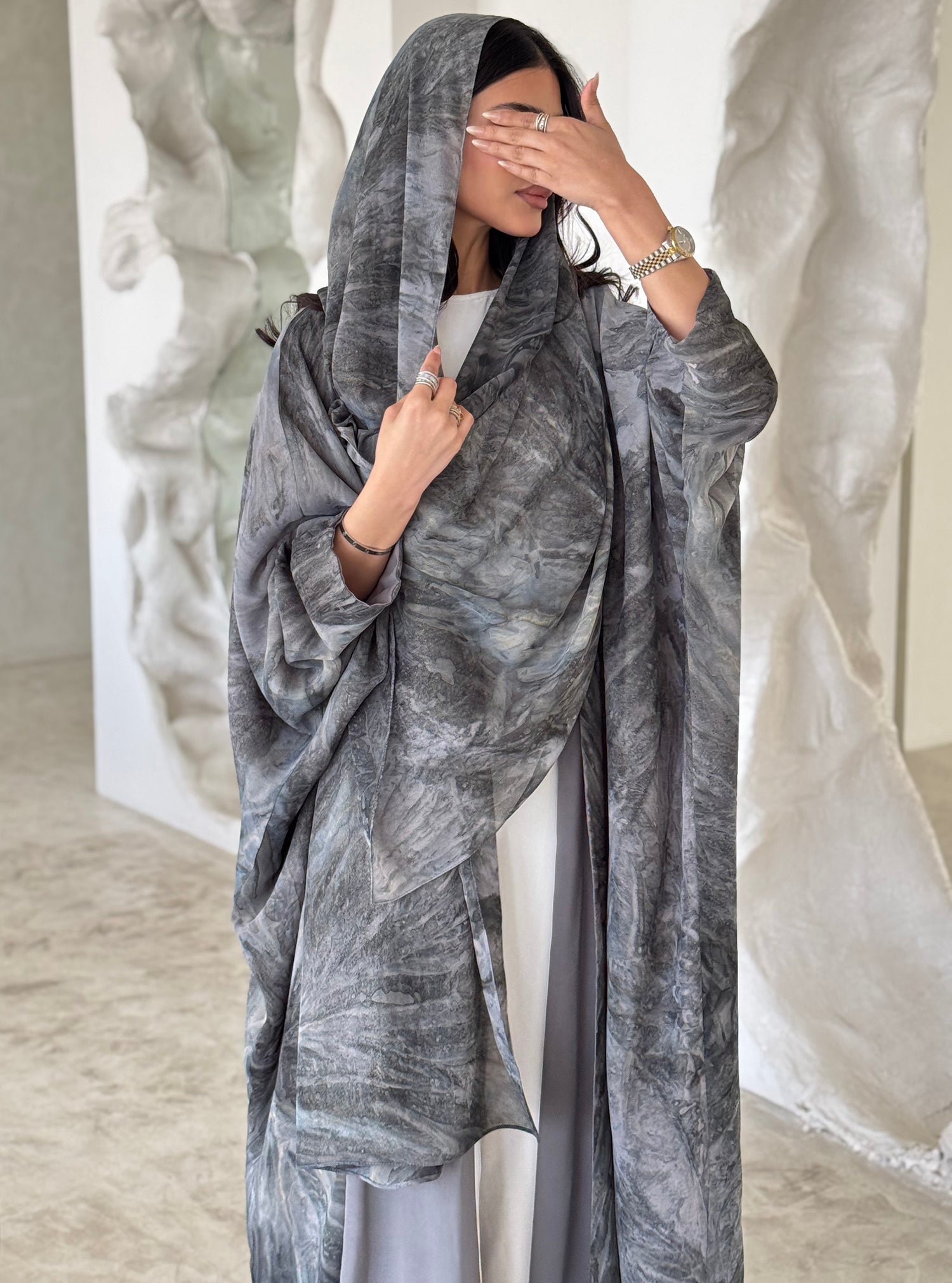 FAB175-Grey Shimmer Chiffon Summer Abaya with matching headscarf