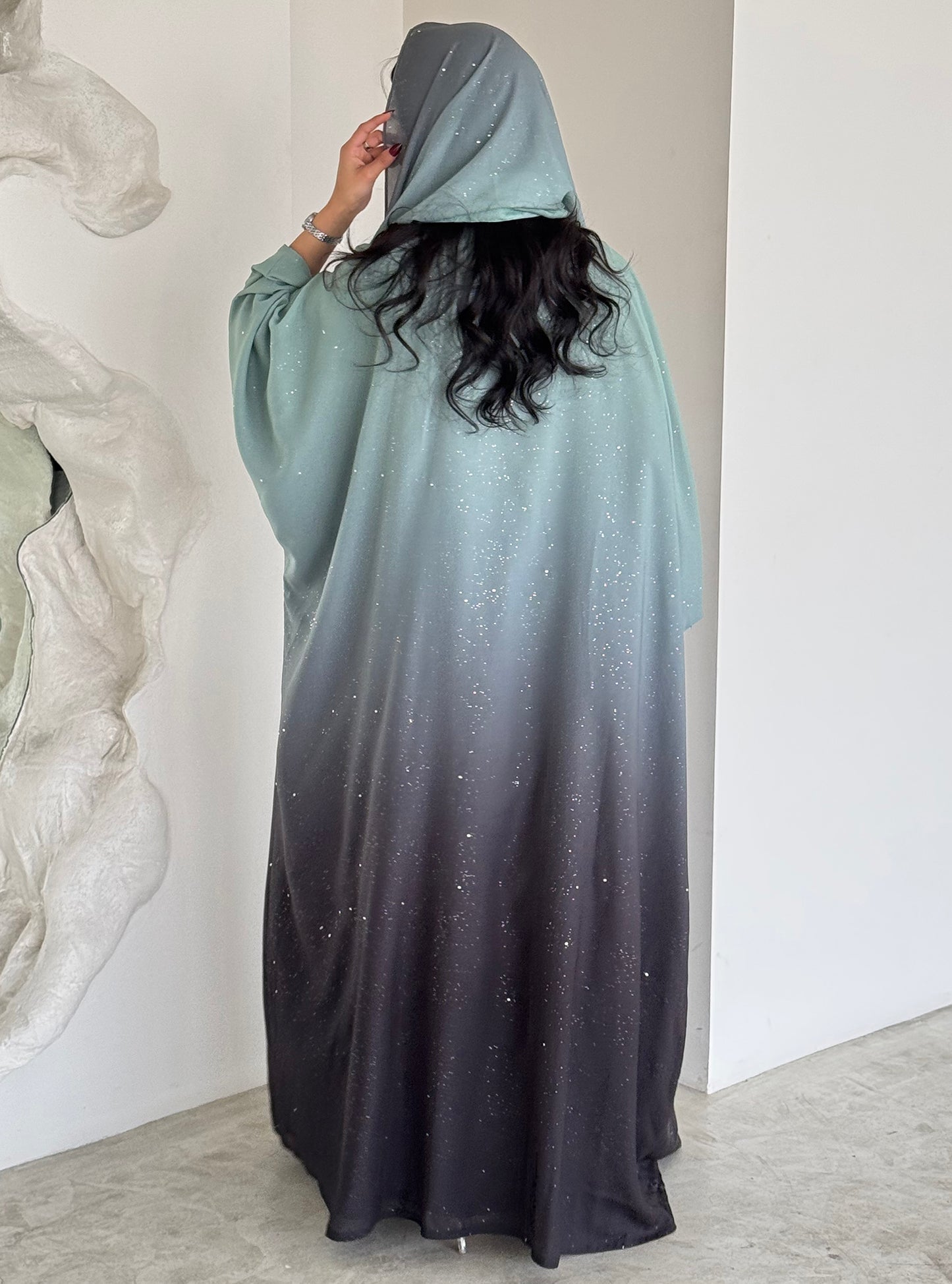 FAB161-Turqoise Ombre Glitter Abaya with matching headscarf